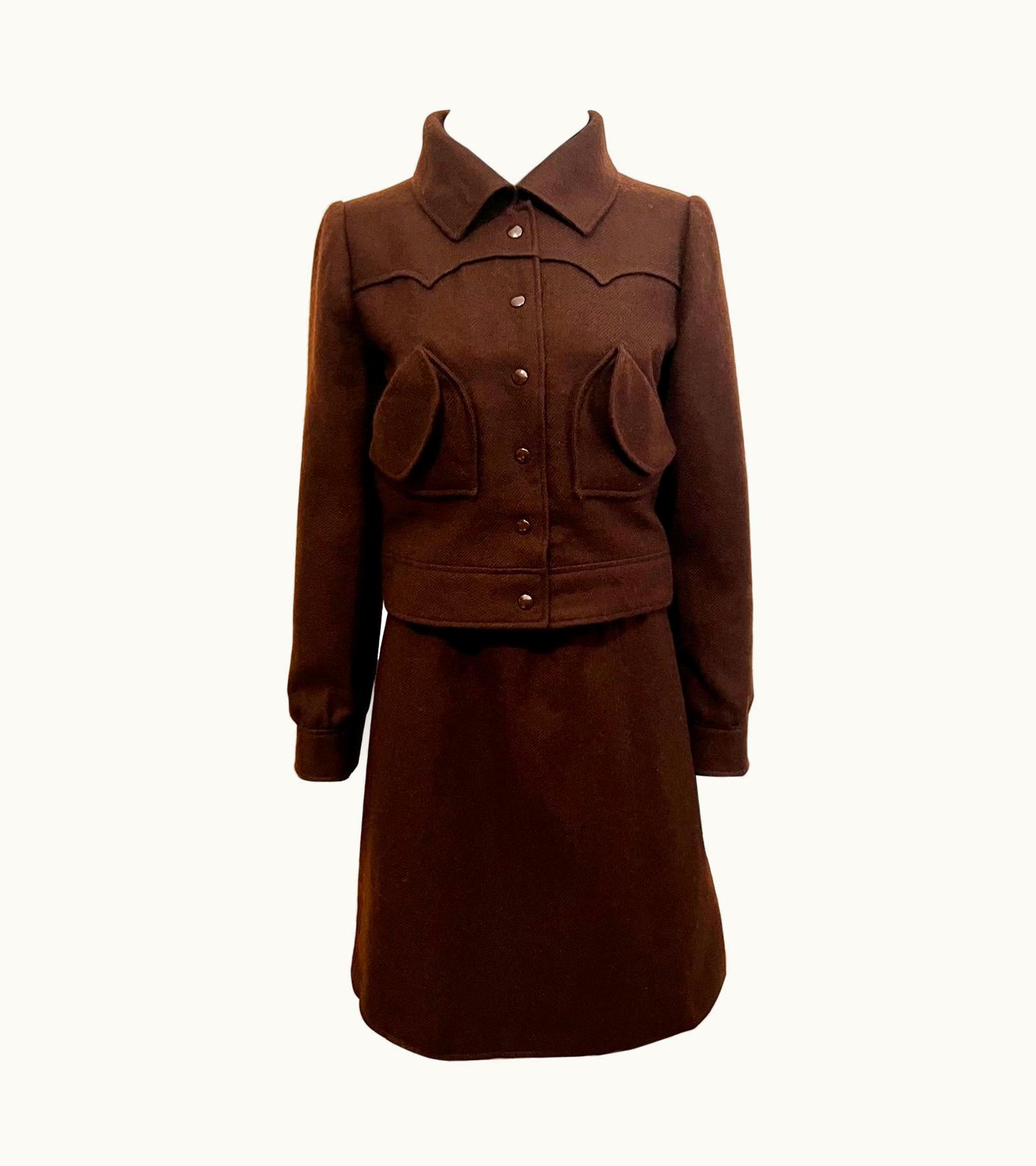 Courrèges A Chic Vintage 1970' Andre Courrèges Deep Chocolate Wool Jacket/skirt Set