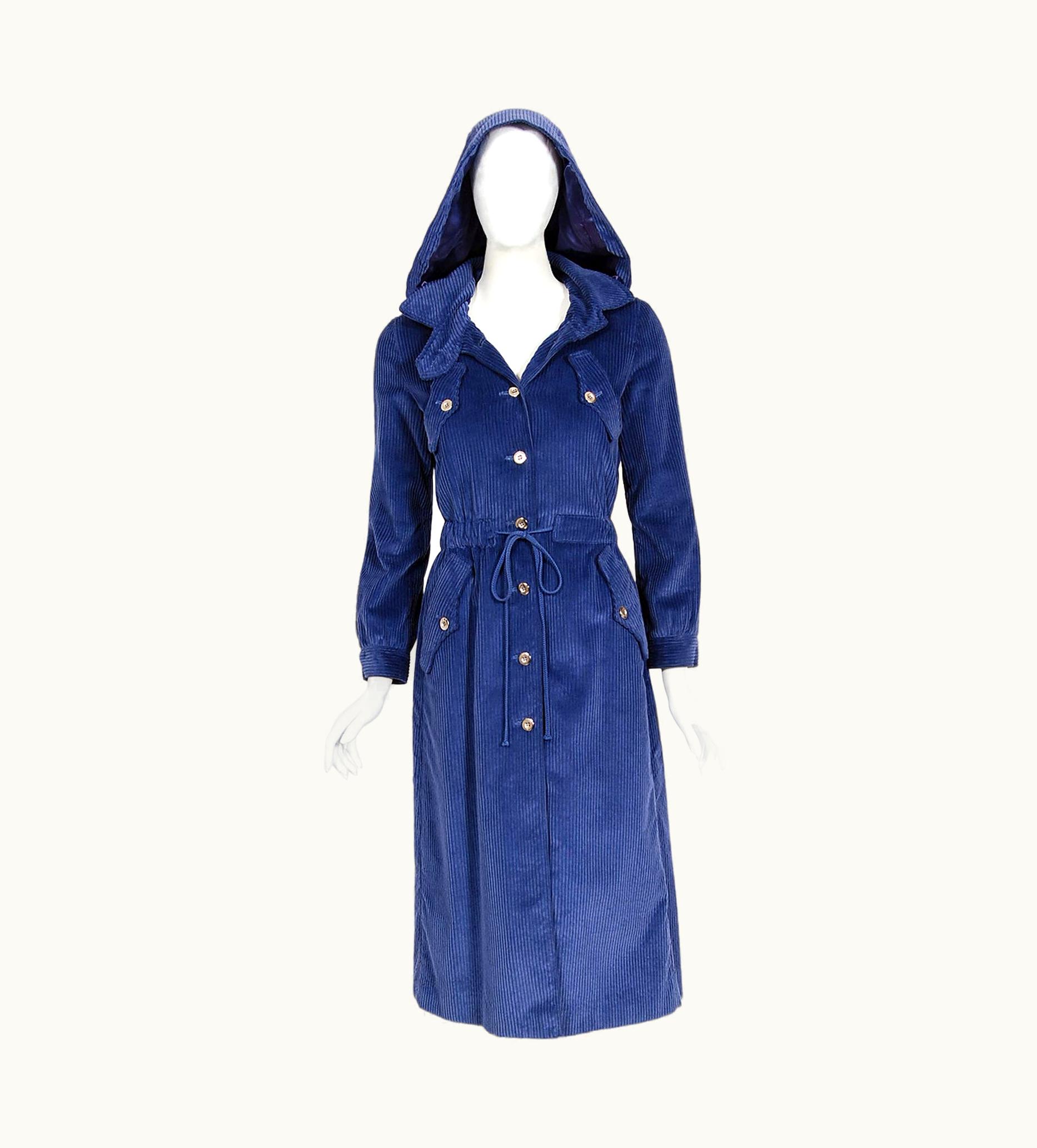 Courrèges Vintage 1970s Courrèges Navy Blue Corduroy Waist-Tie Detachable Hood Jacket Coat
