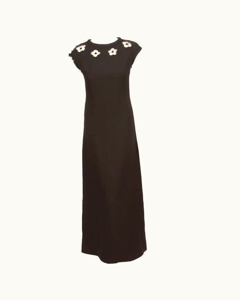 Courrèges 1970' Courrèges Black A-Line Evening Gown w/Cap Sleeves & Floral Cutouts
