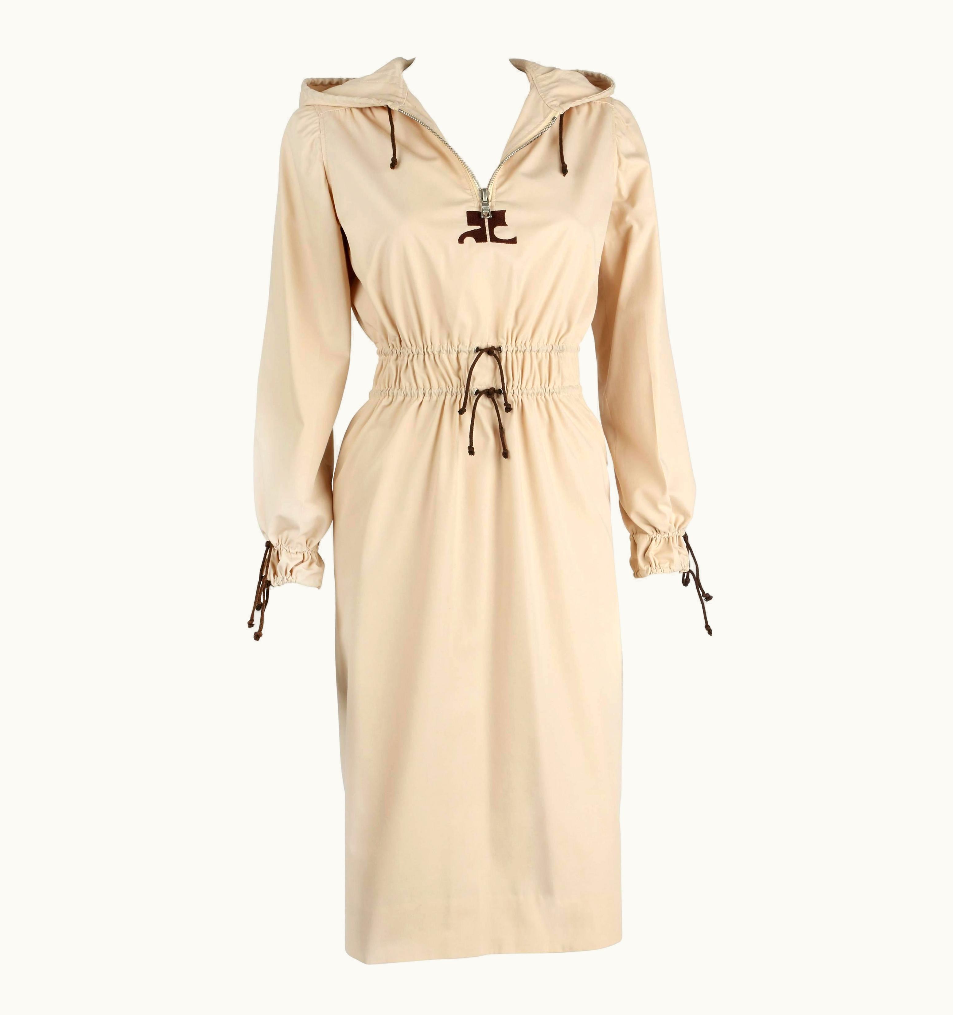 Courrèges C. 1970' Courrèges Hyperbole Khaki Beige Drawstring Hooded Trench Coat Dress O