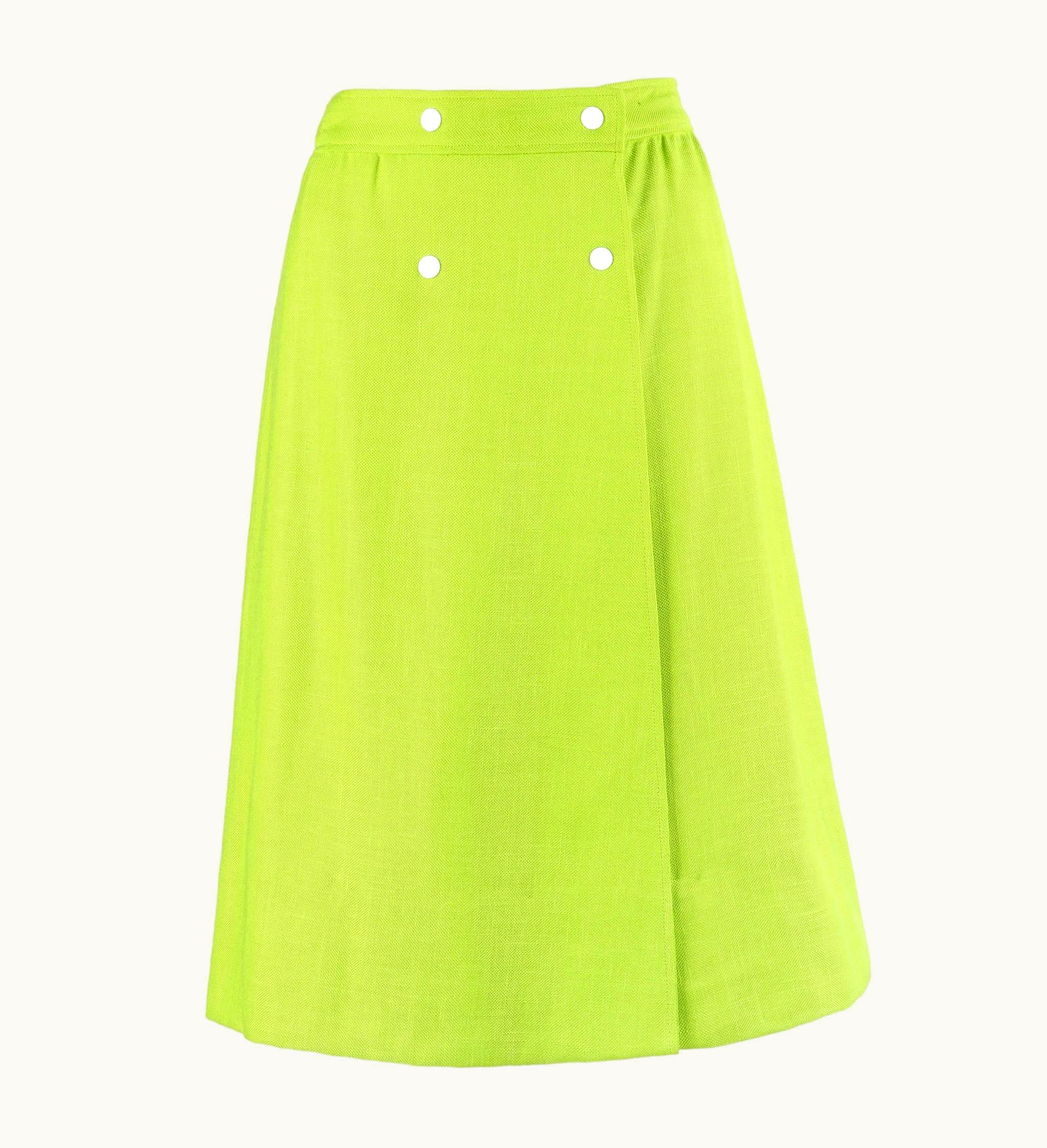 Courrèges Hyperbole C.1970' Lime Green Snap Front Tea Length Wrap Skirt