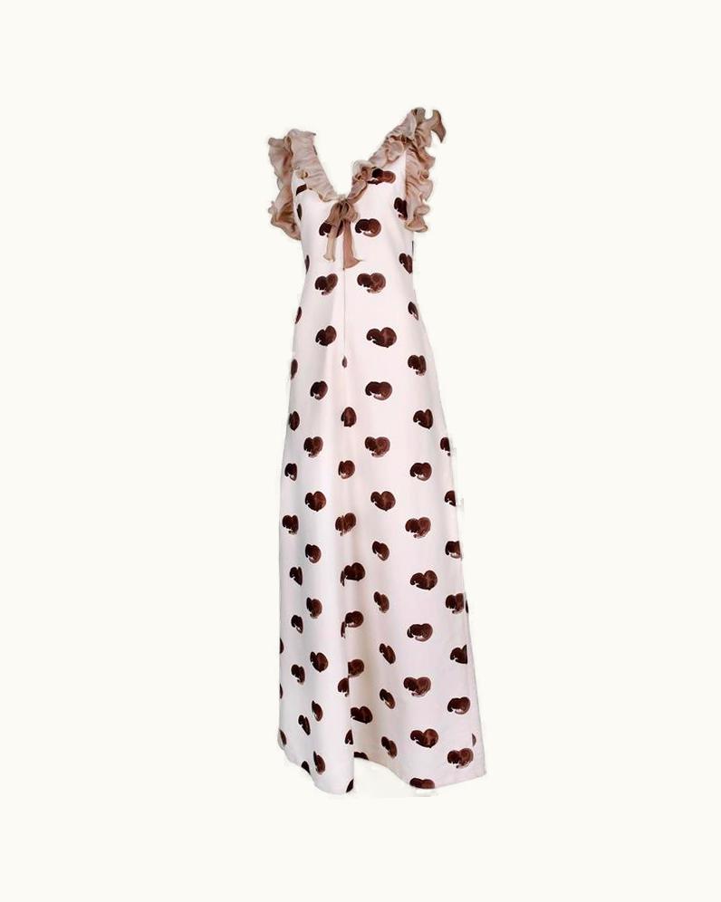 Courrèges Vtg Courrèges Polished Cotton Abstract Print A-Line Evening Gown w/Ruffled Trim