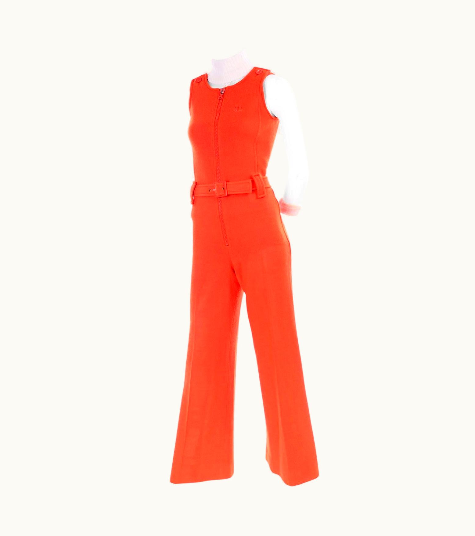 Courrèges 1970s Andre Courrèges Hyperbole 2 Piece Ac Logo Orange Jumpsuit & Sheer Top