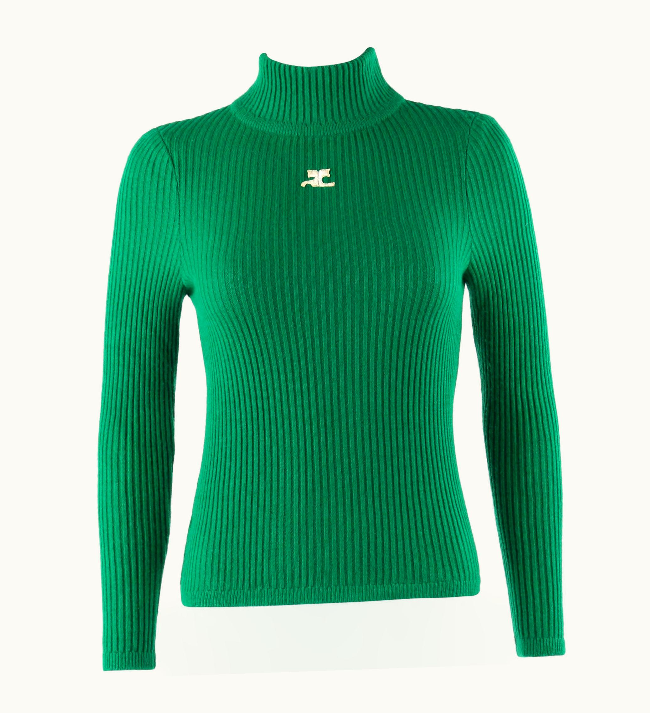 Courrèges c.1970' Green Ribbed Knit Mock Neck Fitted Sweater