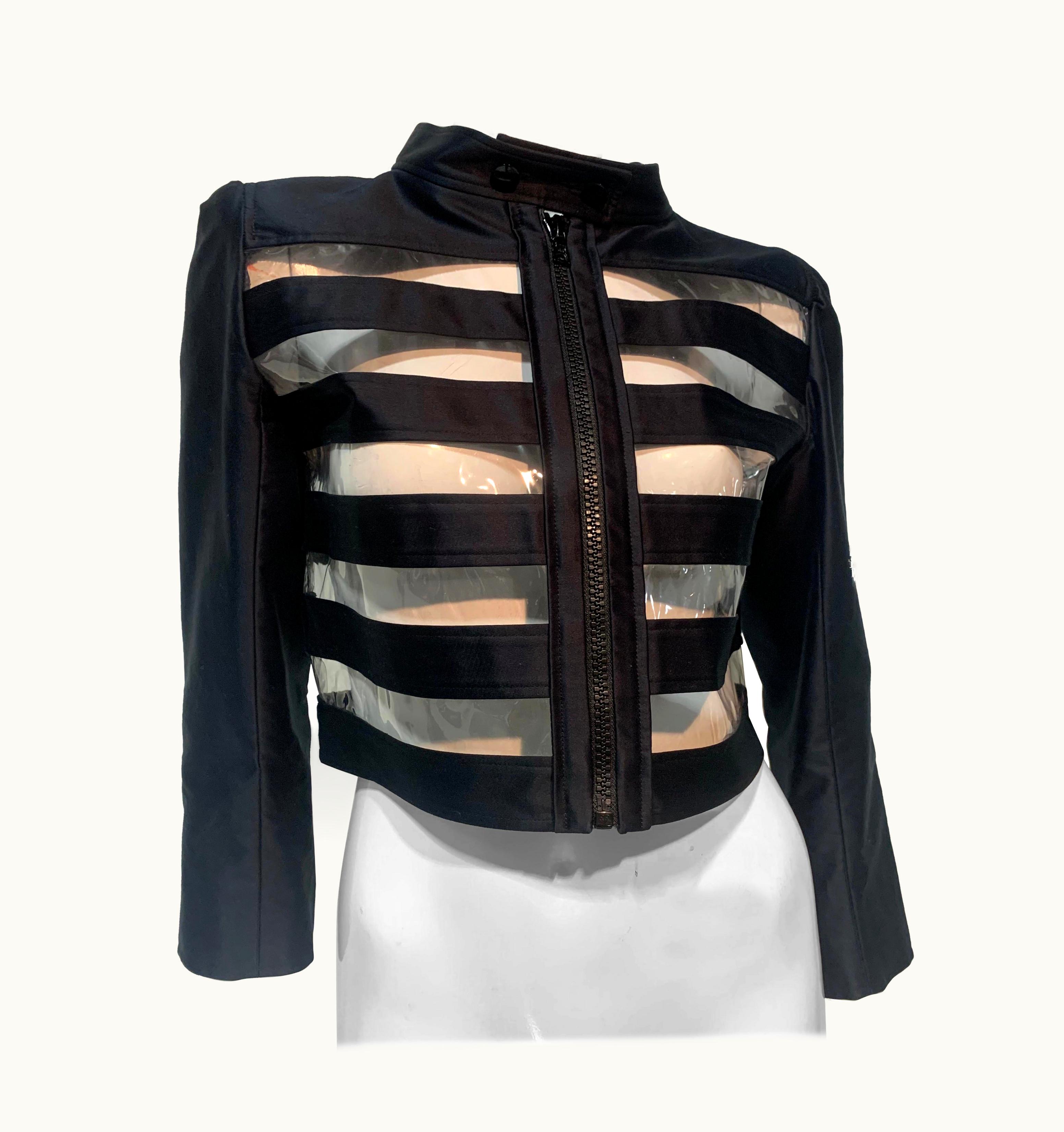 Courrèges 1990 Courrèges Black Polished Cotton And Clear Vinyl Striped Cropped Jacket