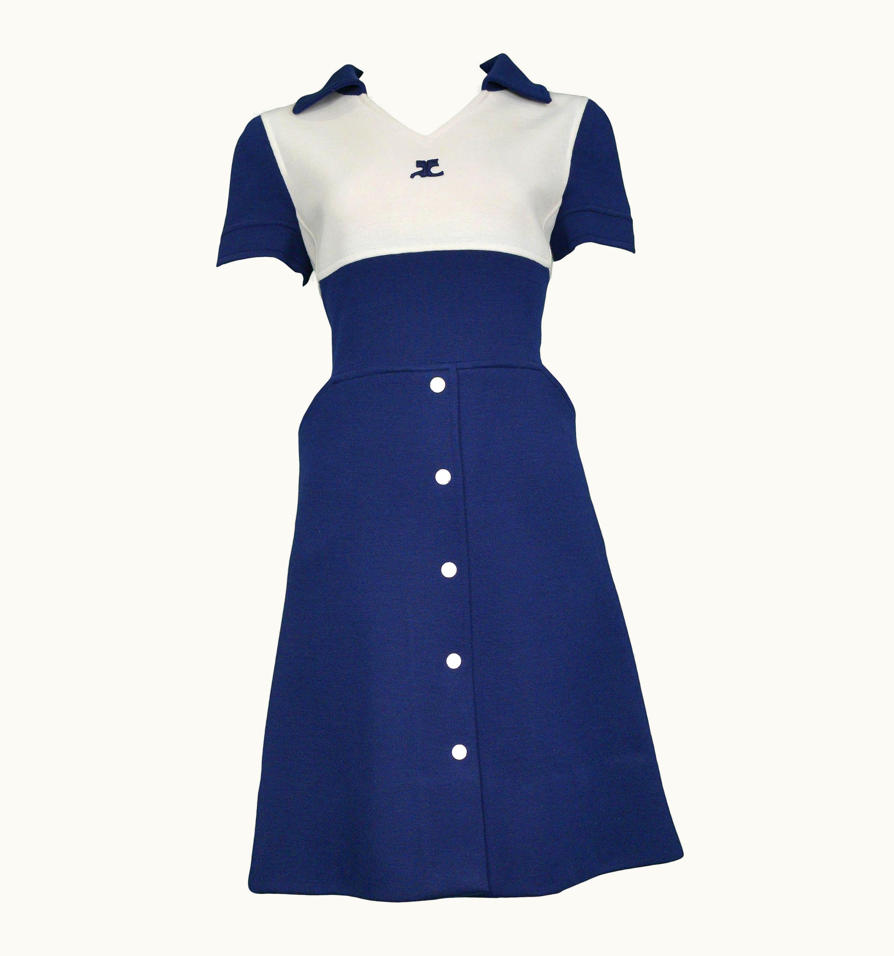 Courrèges Vintage Courrèges Blue And White Button Dress 1960s