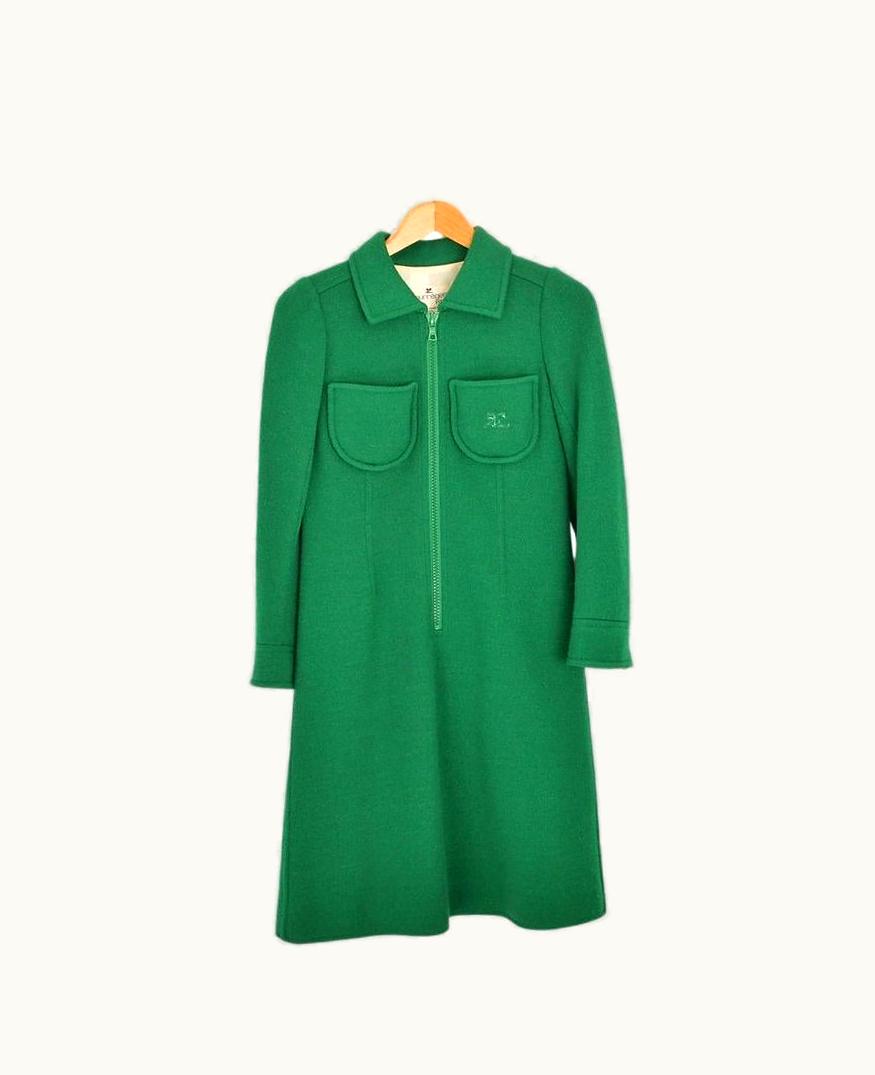 Courrèges Courrèges 1960' Green Wool Long Sleeve Shift Mini Dress