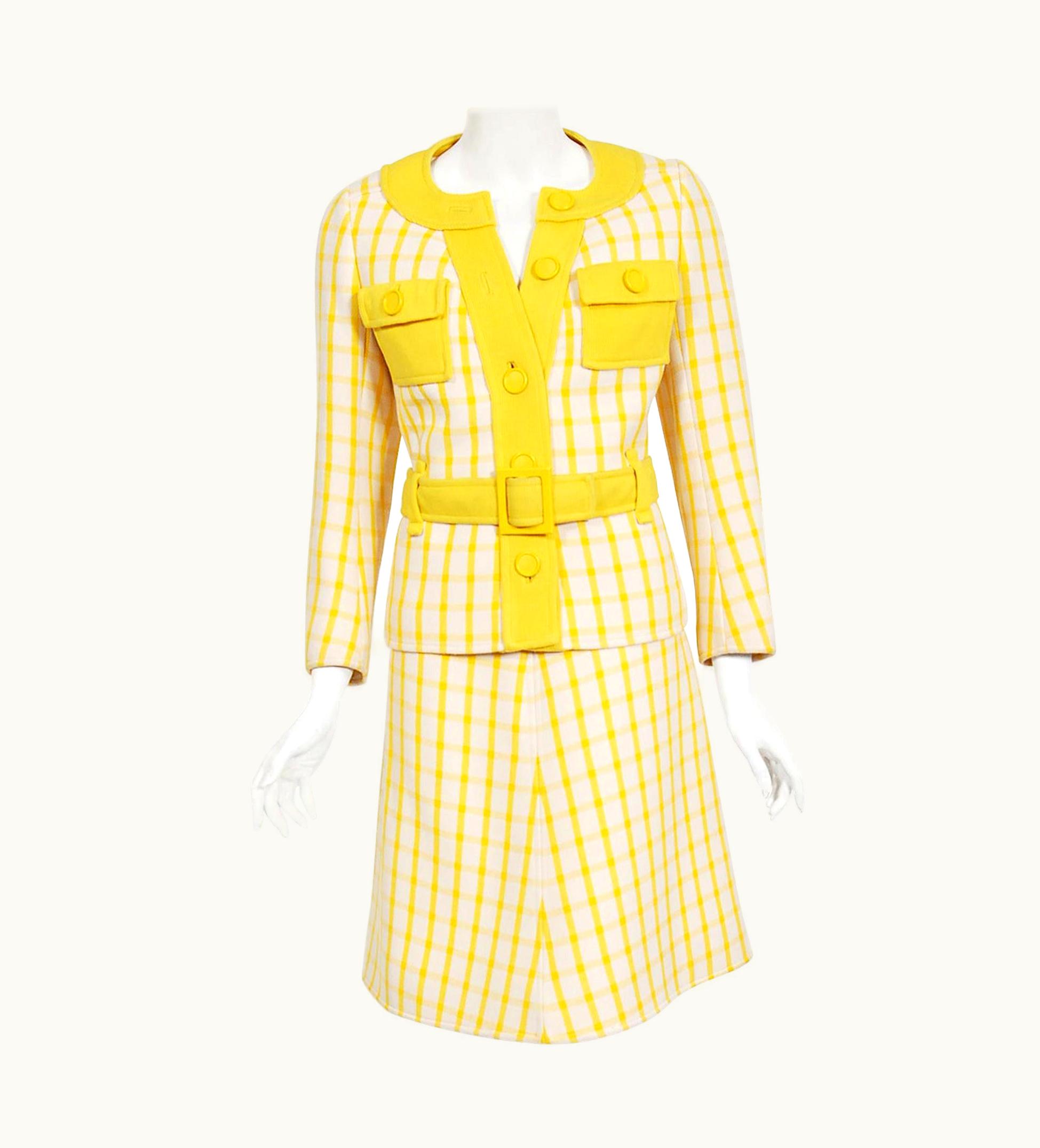 Courrèges Vintage 1967 Courrèges Couture Yellow White Checkered Wool Belted Jacket & Skirt