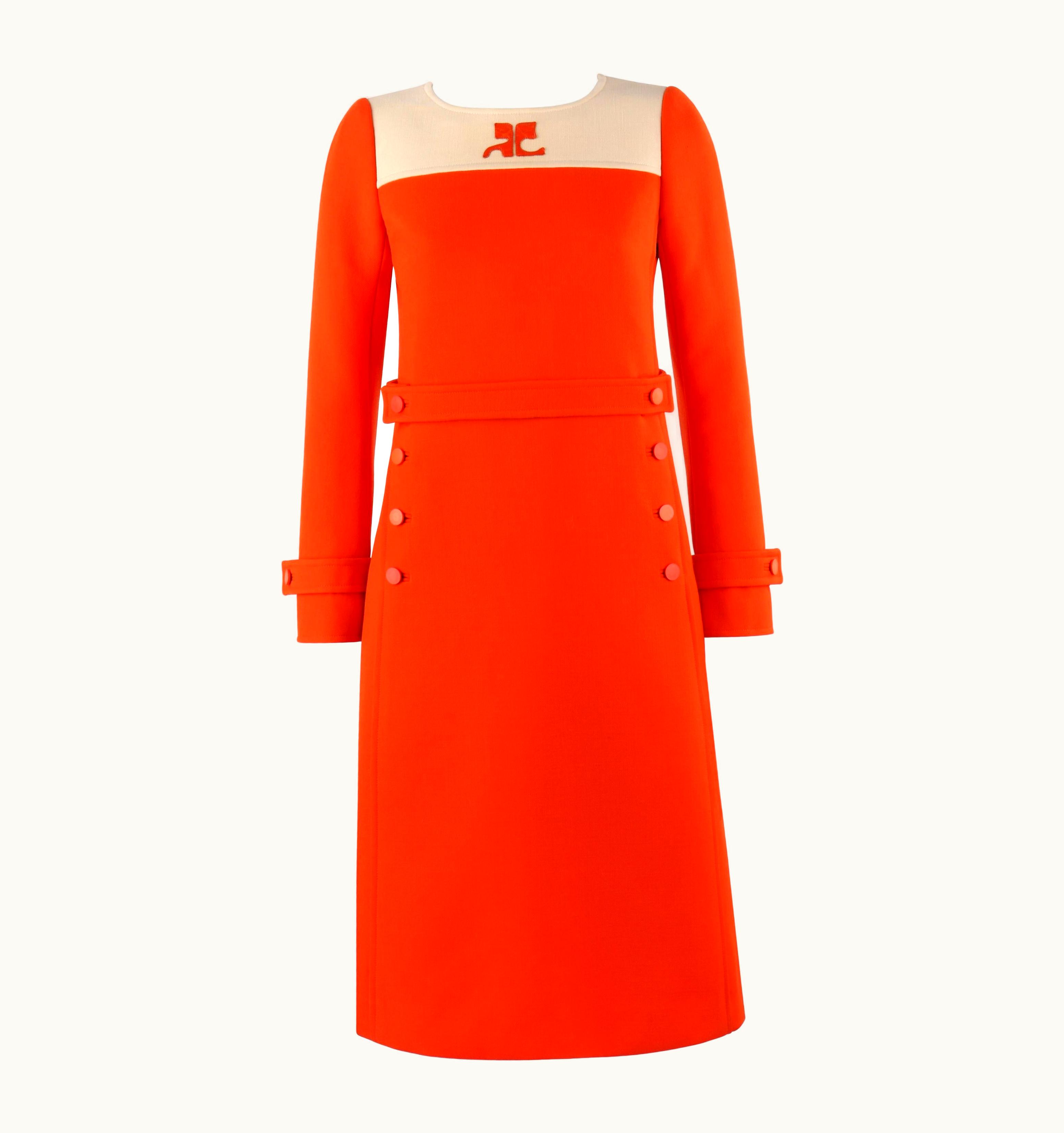 Courrèges Courrèges Couture Future c.1960' Orange Mod Signature Logo Wool Sheath Dress