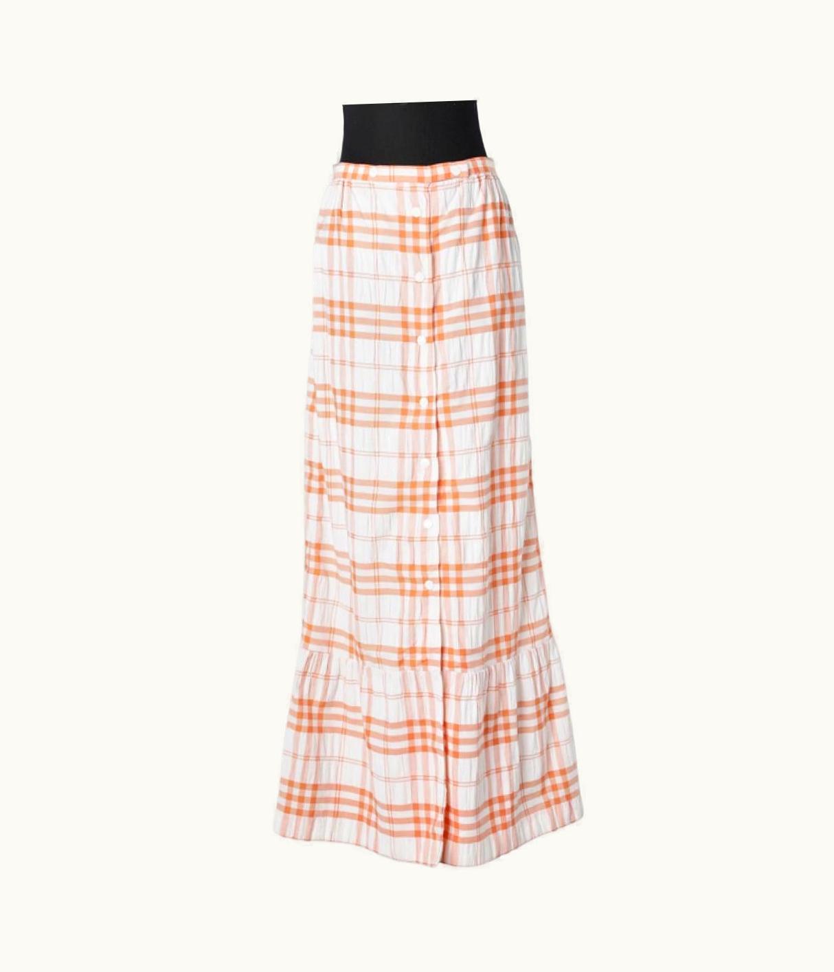 Courrèges Long Skirt In White And Orange Check Patten And One Ruffle Courrèges Hyperbole
