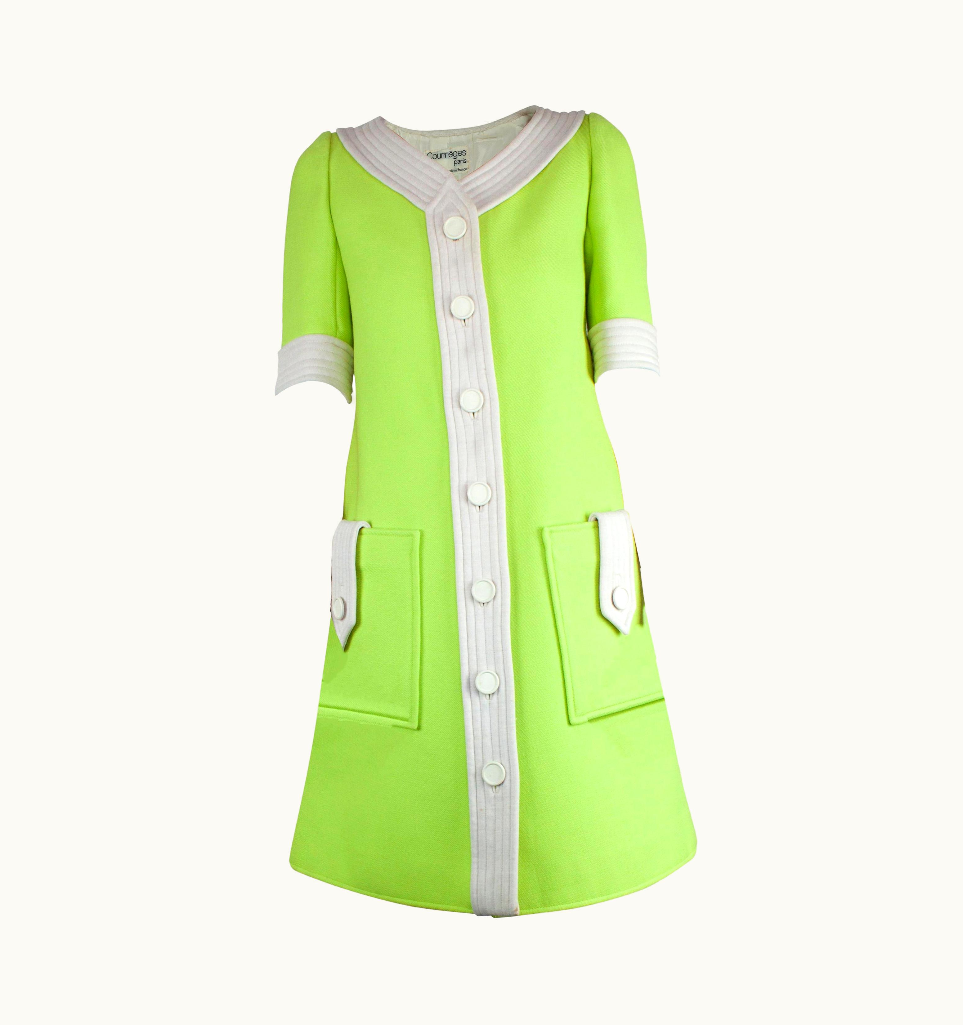 Courrèges Courrèges Numbered Lime Green And Ivory Wool Dress. Circa 1965