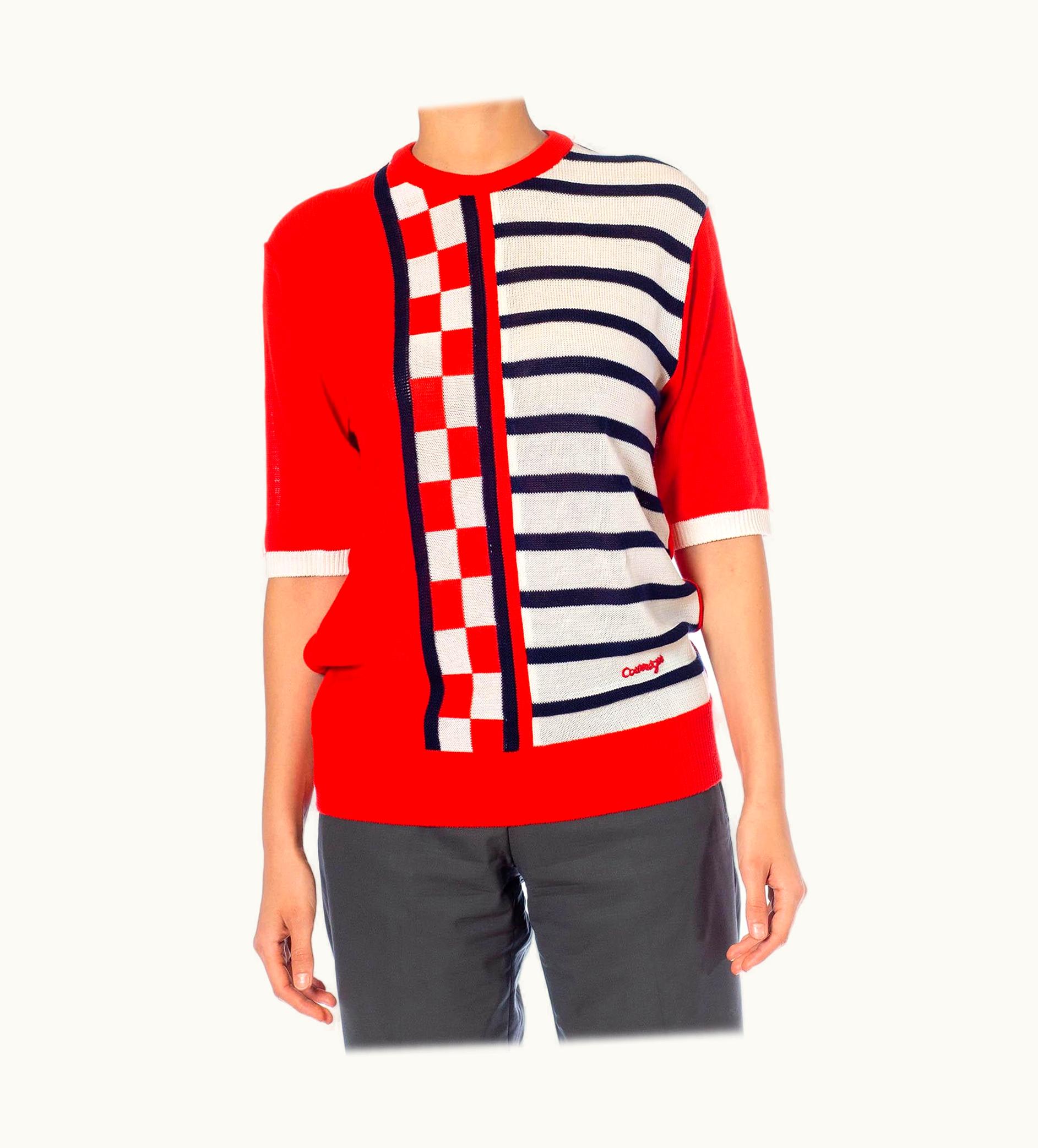 Courrèges 1980s Courrèges Homme Paris White, Red & Navy Blue Acrylic Linen Knit Shirt