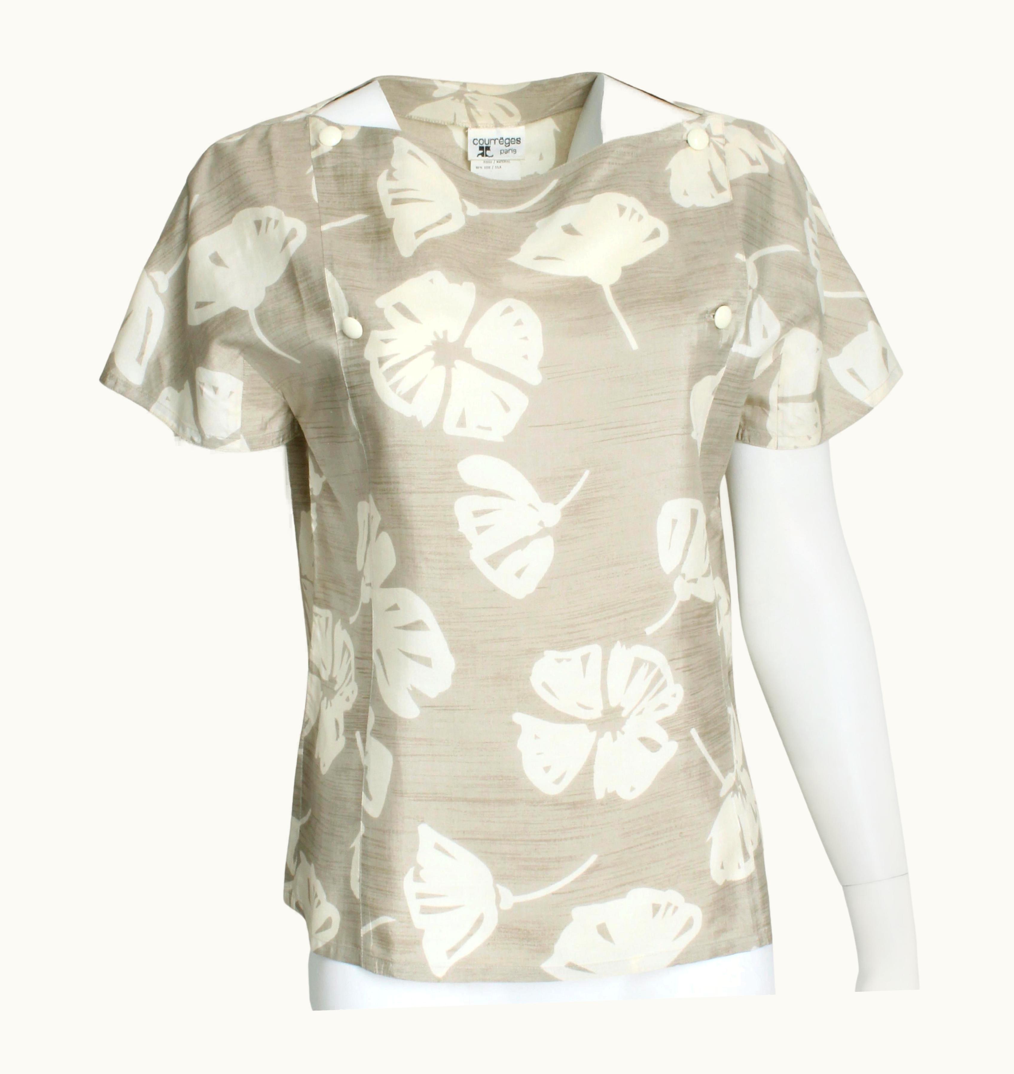 Courrèges Courrèges Blouse Silk Shantung Graphic Floral Print Vintage 80s