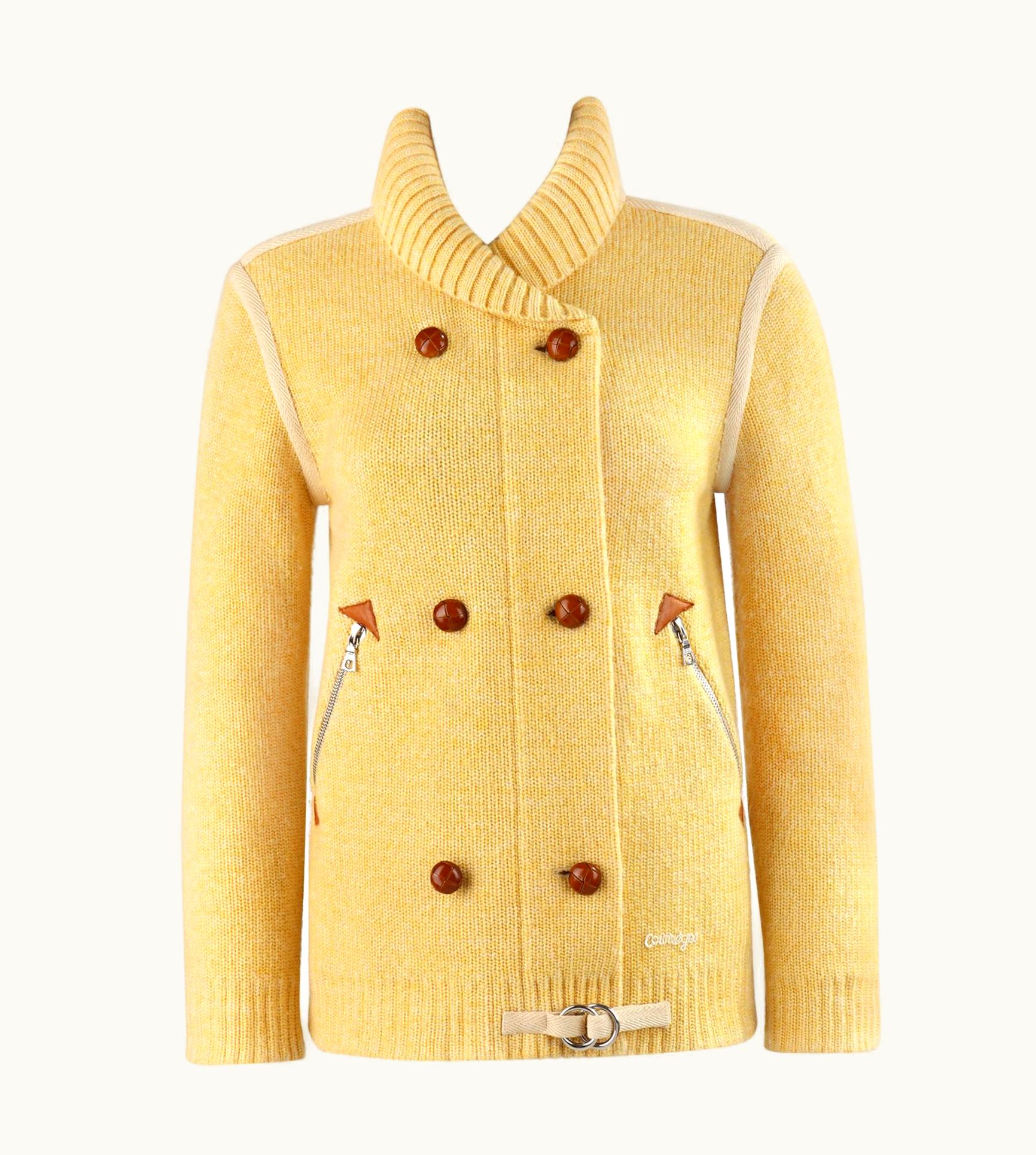 Courrèges Courrèges c.1980' Yellow Knit Double Breasted Leather Cardigan Sweater Jacket
