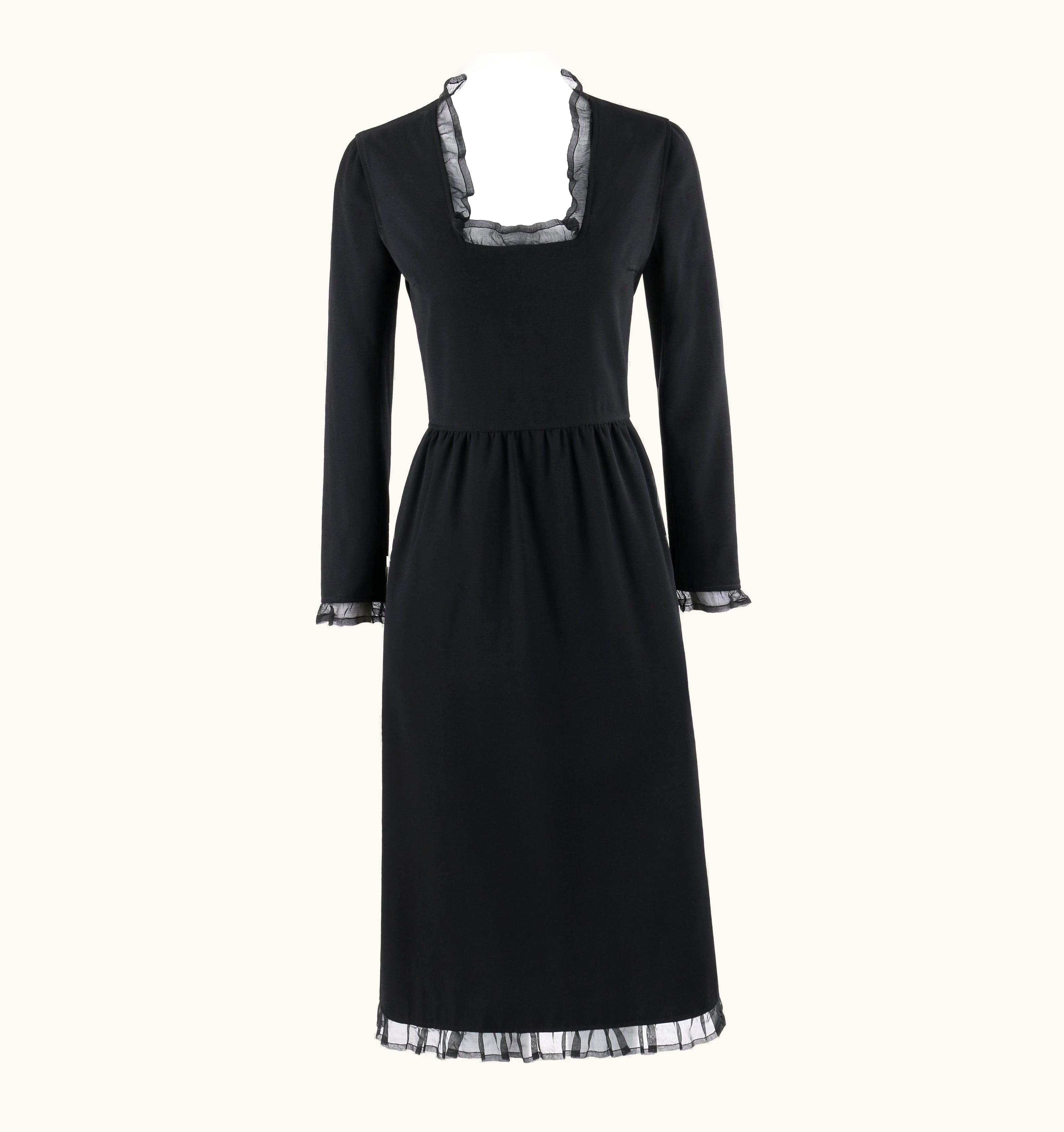 Courrèges Courrèges Paris C.1970' Black Silk Ruffle Square Scoop Neck Midi Dress