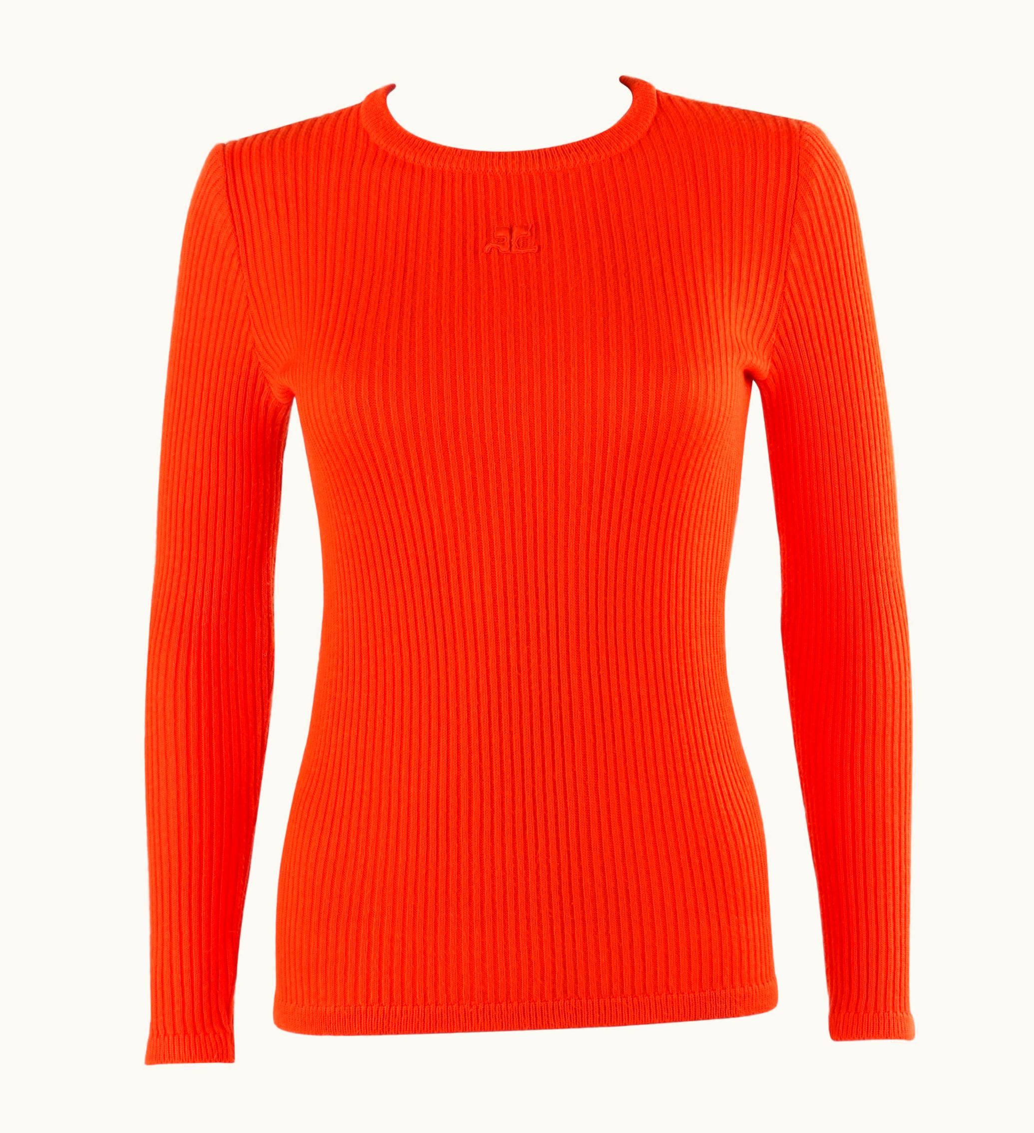 Courrèges Courrèges c.1970' Orange Rib Knit Embroidered Signature Logo Crew Neck Sweater