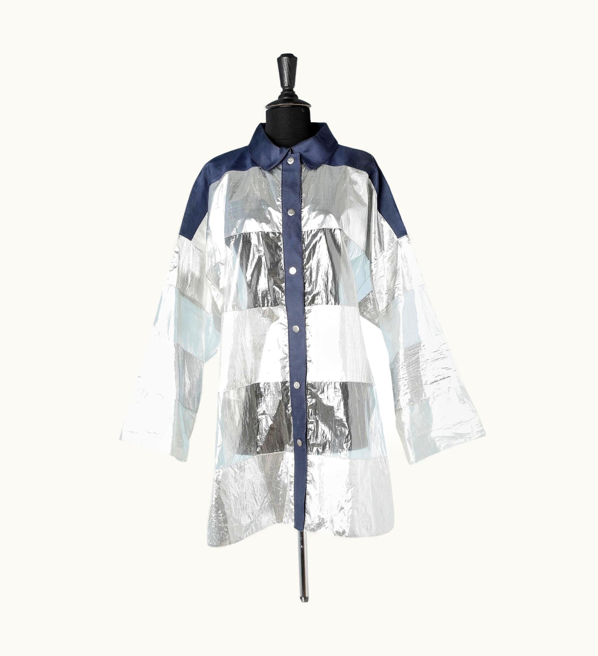 Courrèges Oversize Over-shirt In Transparent, Navy And Silver Lamé Polyester Courrèges