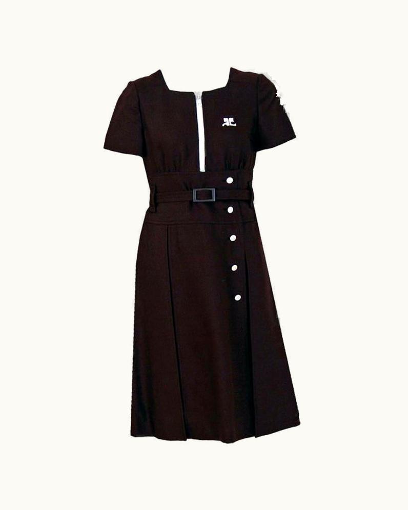 Courrèges Vintage 1967 Courrèges Numbered Couture Brown Silk Mod Belted Space-Age Dress