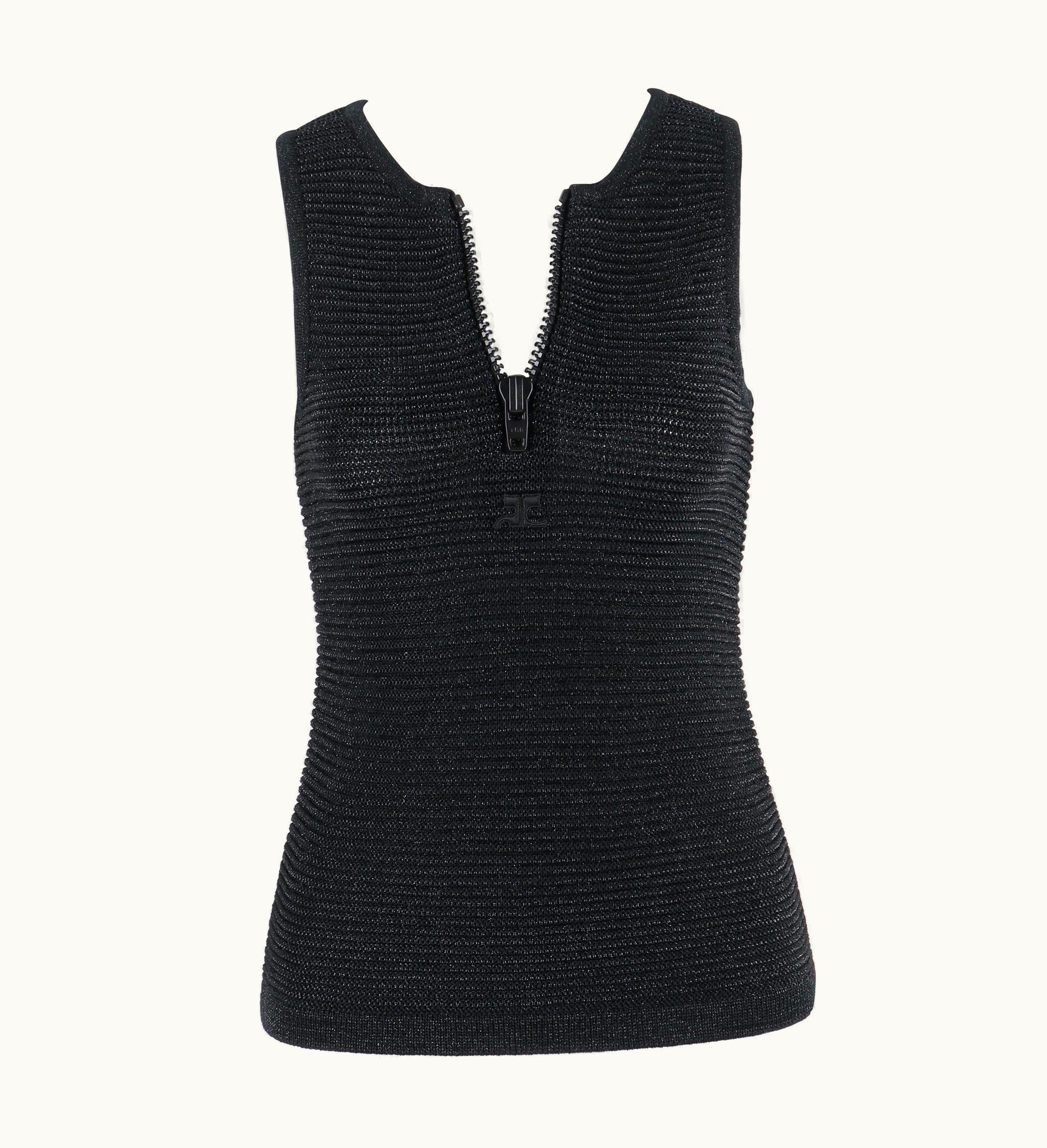 Courrèges Courrèges C.1960s Black Sparkle Sheen Knit Zip-Up Sleeveless Sweater Top
