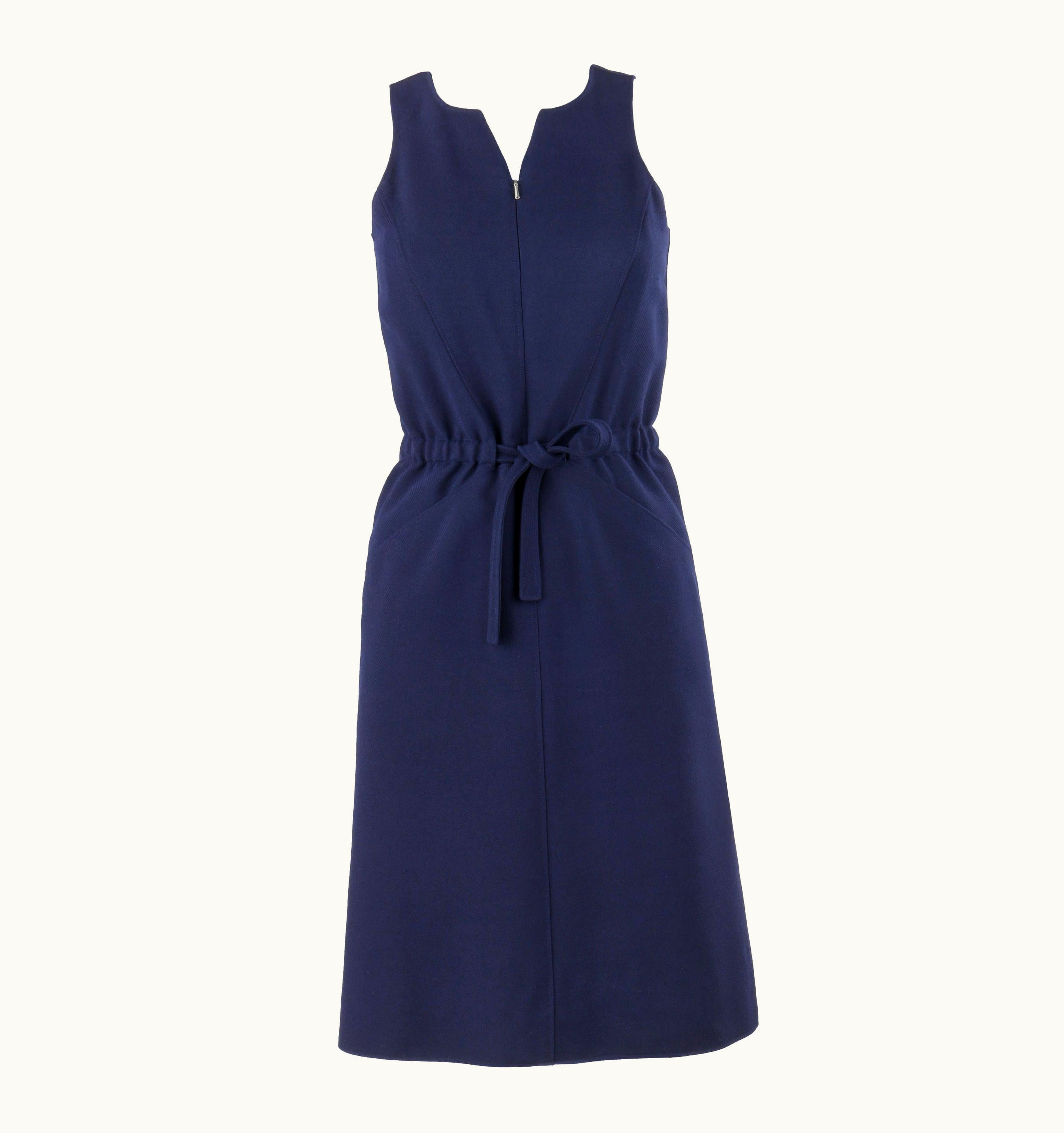 Courrèges Courrèges Couture Future C.1960s Navy Blue Wool Sleeveless Tie Waist Shift Dress