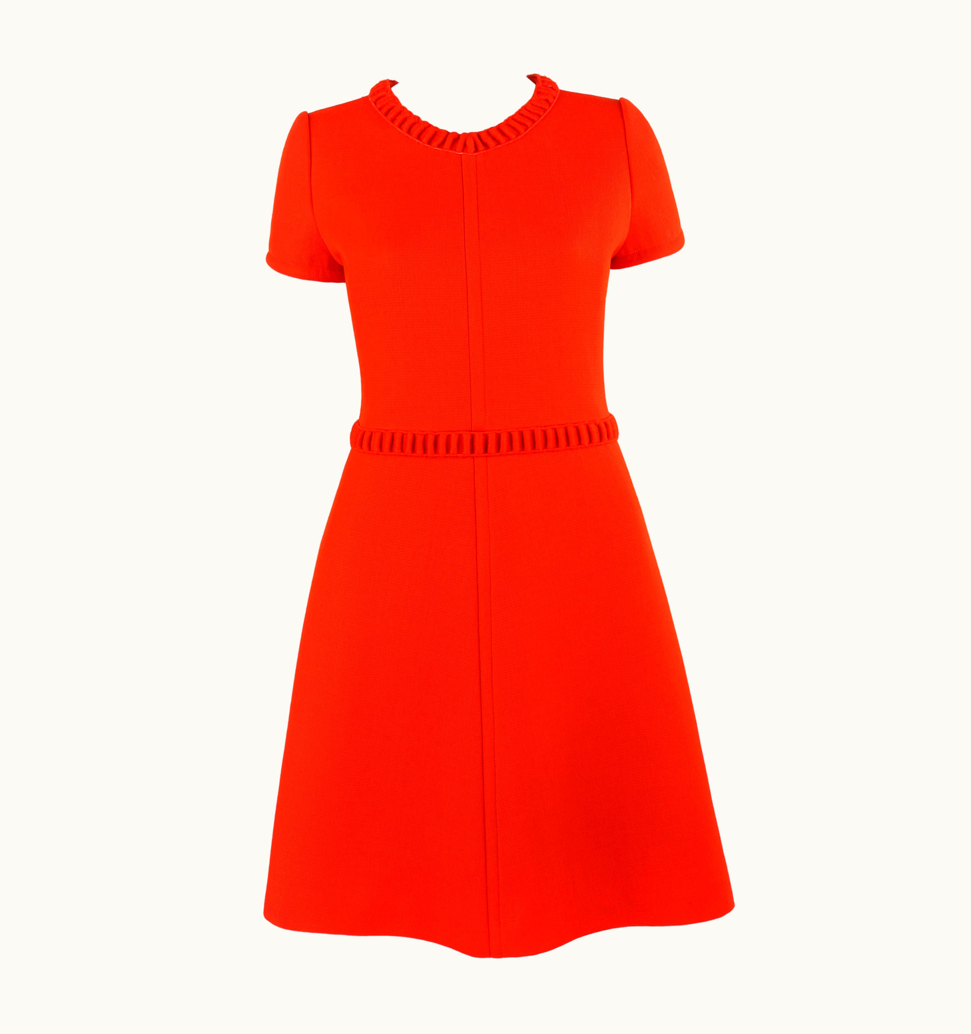 Courrèges Courrèges Early C.1960' Orange Wool Embroidered Trim Short Sleeve A-Line Dress