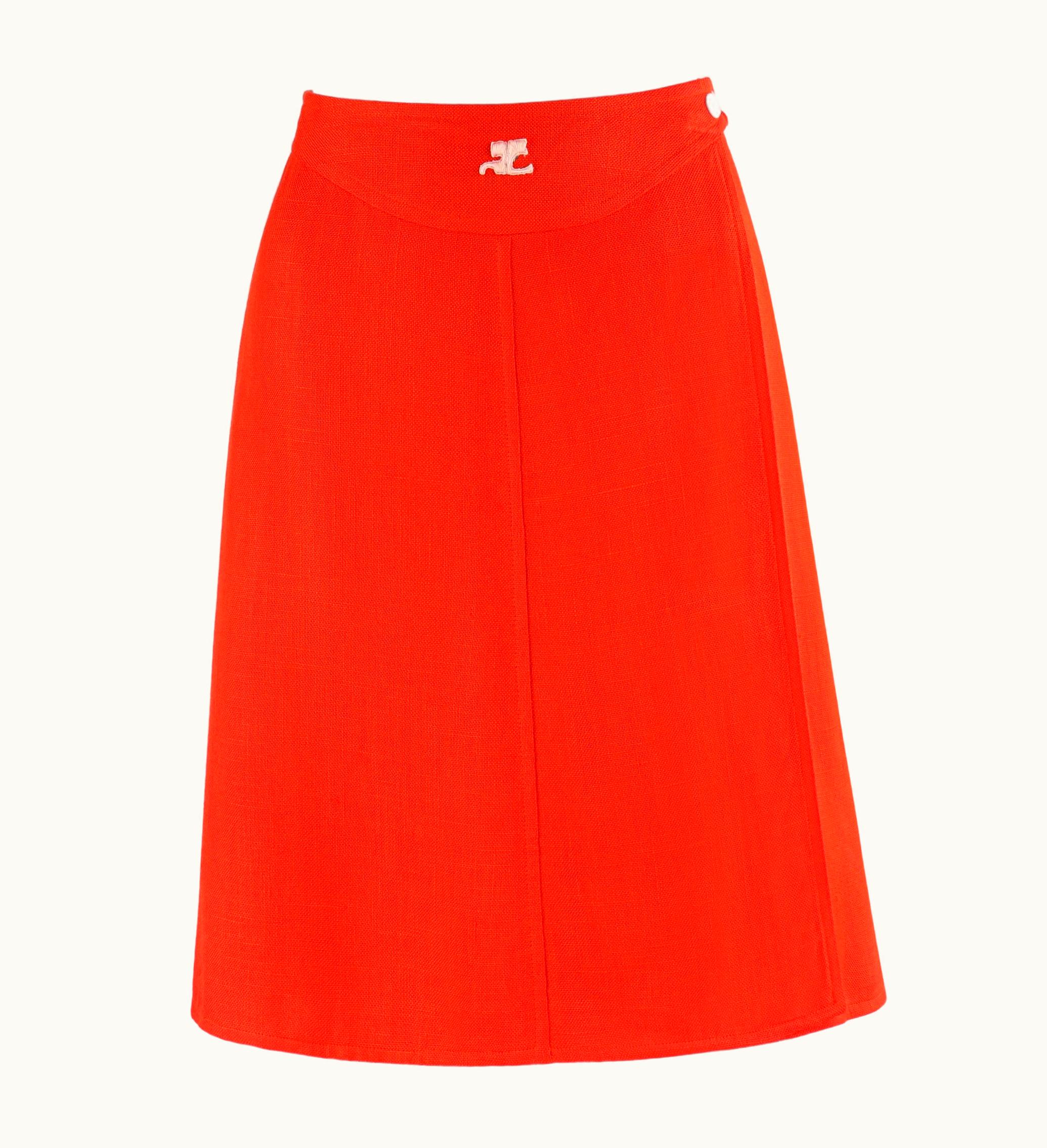 Courrèges Courrèges c.1960' Orange White Signature Logo Snap Button Up A-Line Wrap Skirt