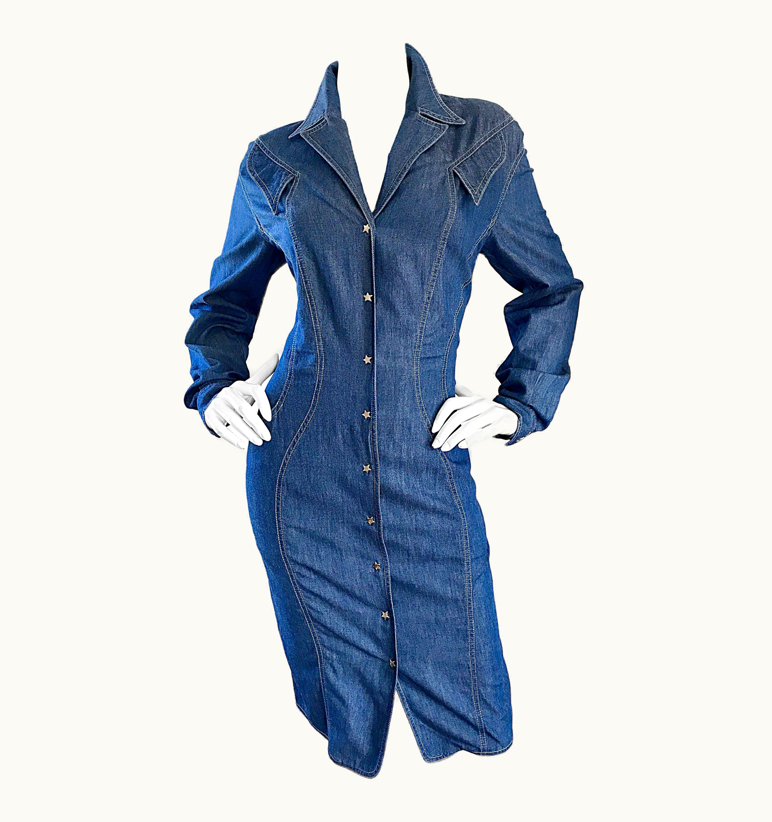 Mugler Vintage Thierry Mugler Denim Blue Jean 1980s Avant Garde Bodycon 80s Dress