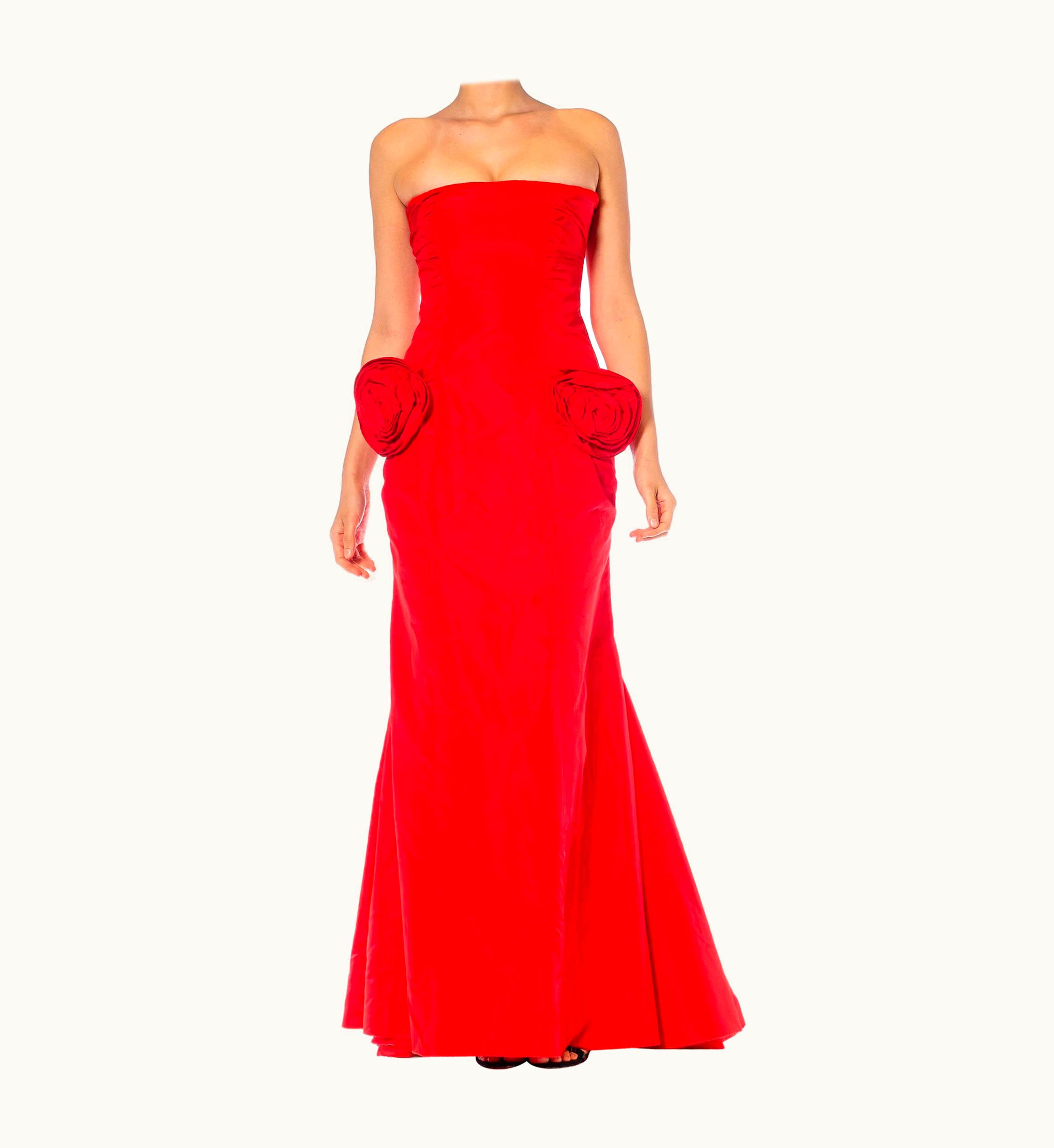 Valentino 1980s Valentino Red Silk Taffeta Strapless Fishtail Trained Gown With Rosette P