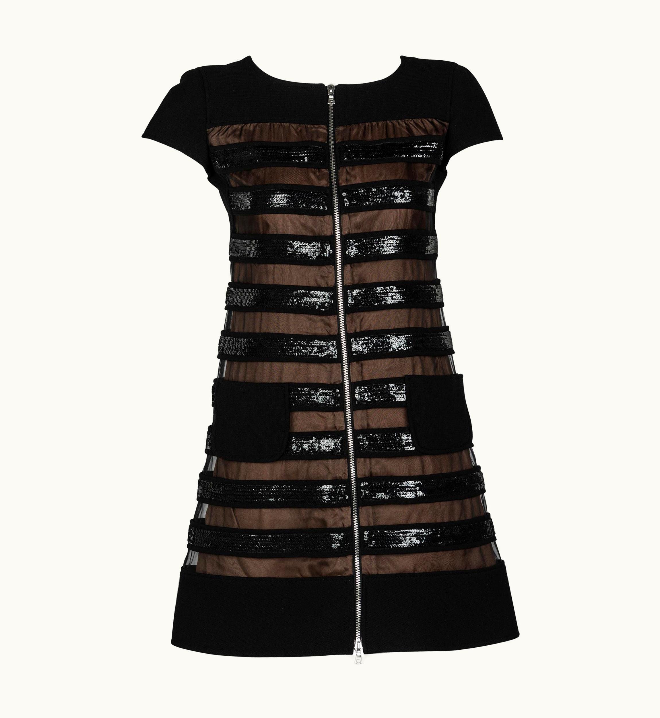Courrèges Courrèges Black Wool & Chiffon Sequin Zip Mod Mini Dress