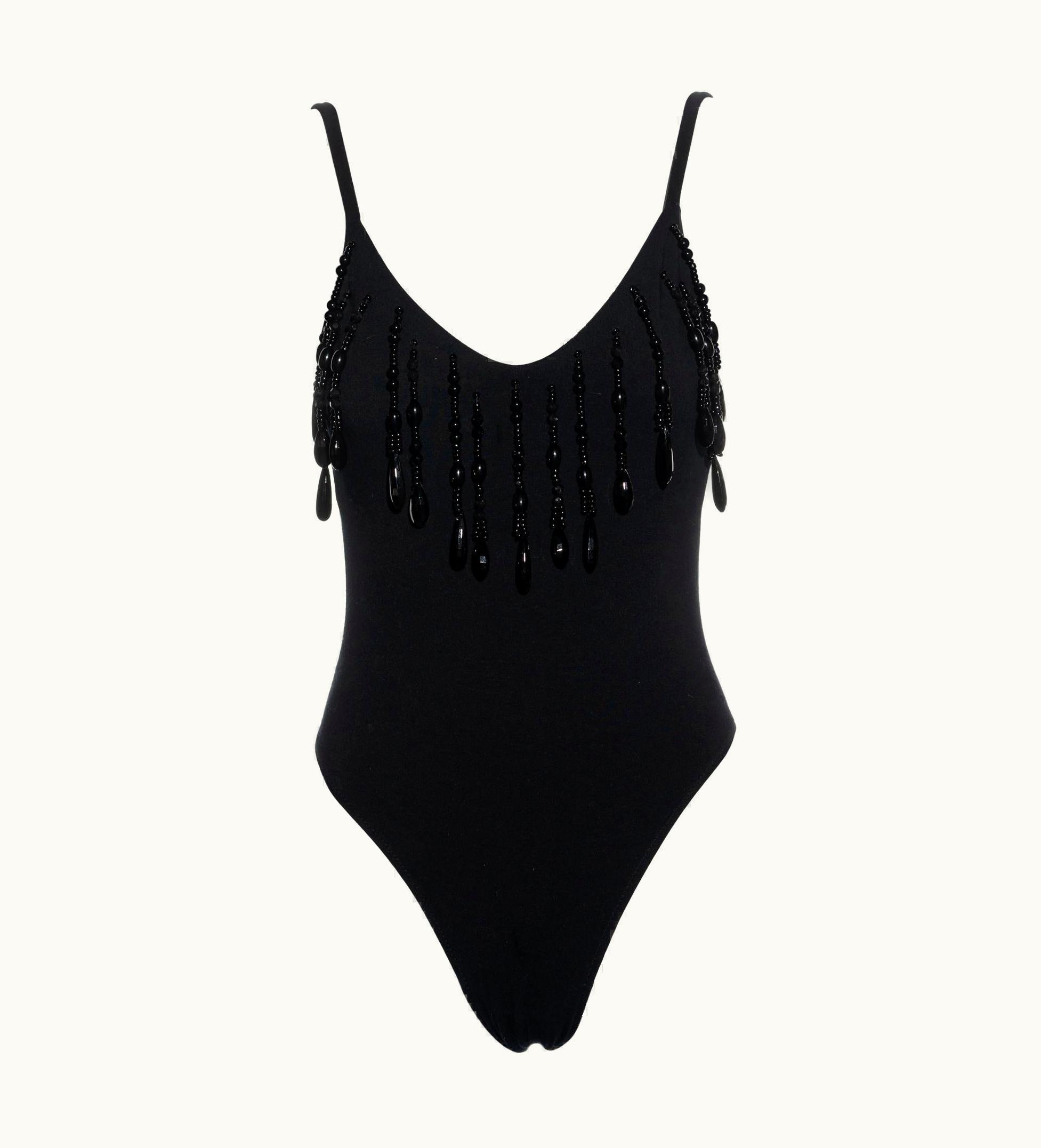 Dolce & Gabbana Dolce & Gabbana Black Cotton Jersey Bodysuit With Beaded Fringes, S/S 1990