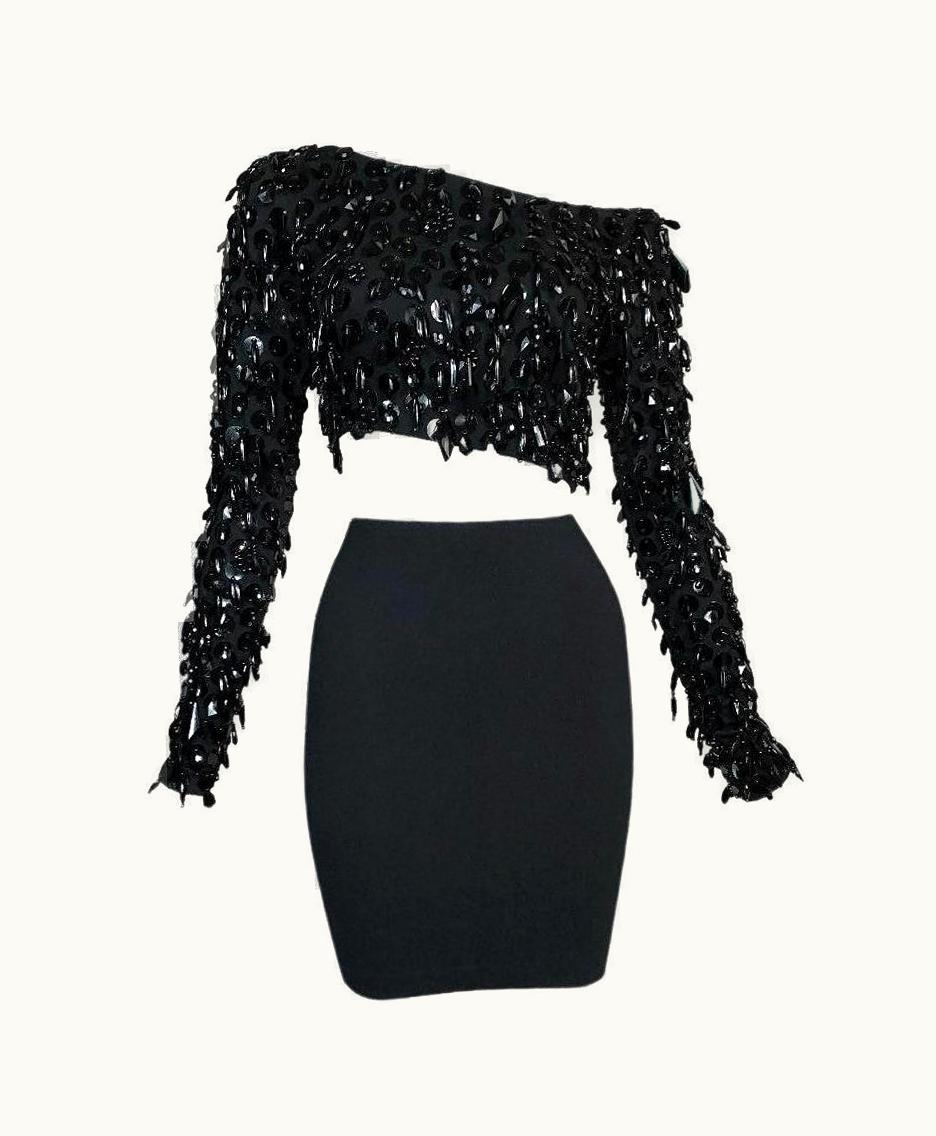 Dolce & Gabbana S/S 1990 Dolce & Gabbana Runway Black Beaded Crop Top & Mini Skirt Set
