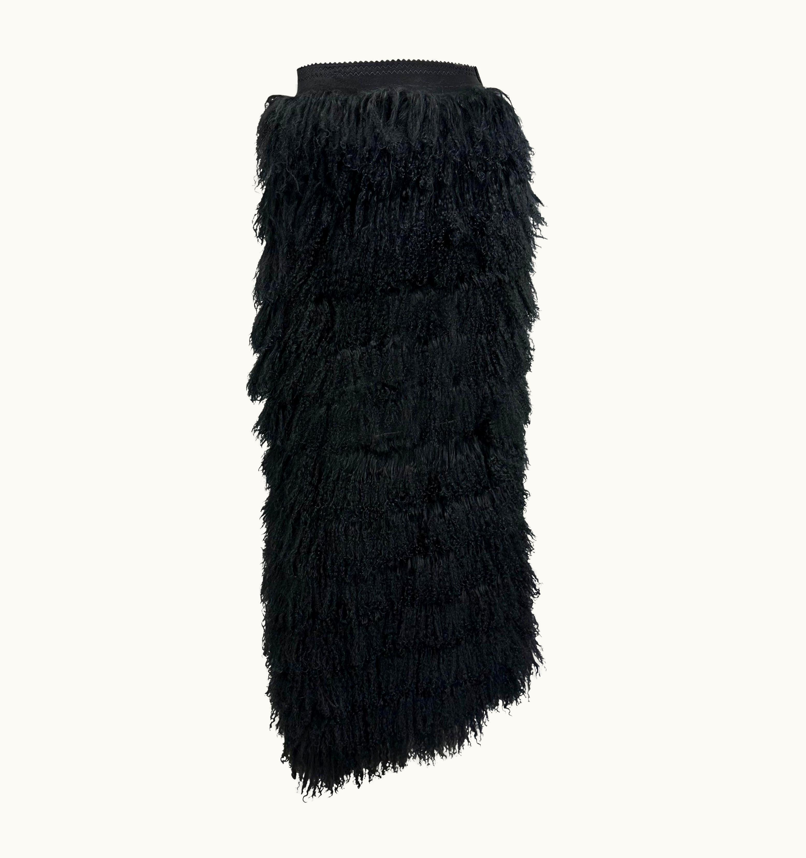 Dolce & Gabbana AW 1999 Dolce & Gabbana Runway Mongolian Lamb Tiered Fur Sheer Black Skirt
