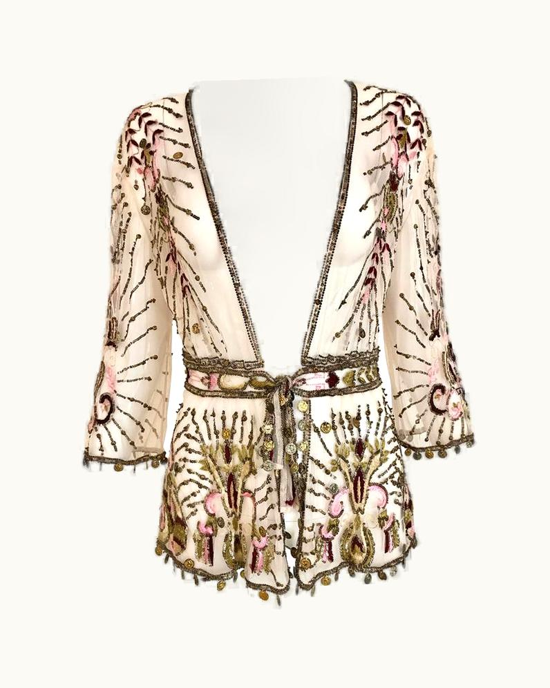 Roberto Cavalli Roberto Cavalli Pale Pink Sheer Mesh Embroidered Beaded Cardigan Jacket