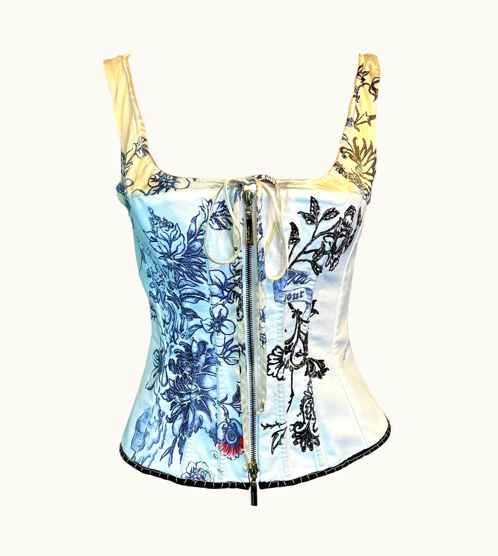 Roberto Cavalli Roberto Cavalli S/S 2003 Bustier Corset Tattoo Print Silk Denim Top