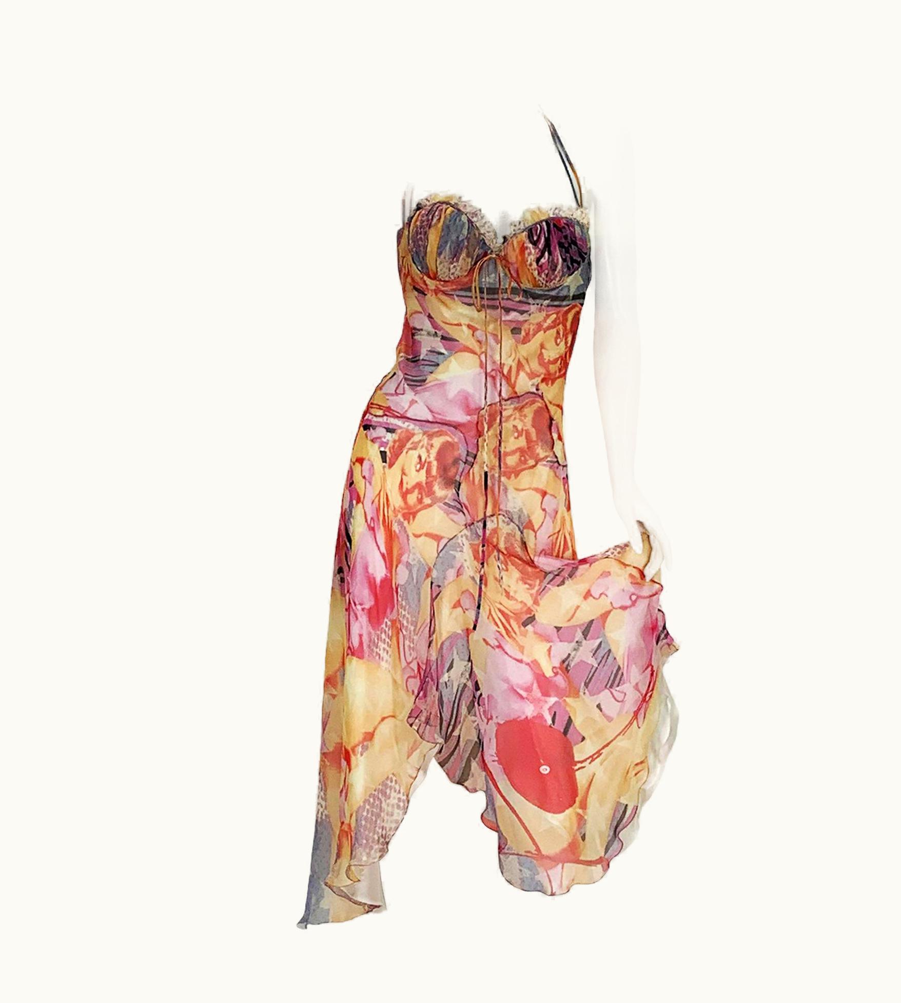 Alexander McQueen Alexander McQueen 2003 Collection Silk Unique Print Halter Backless Dress It