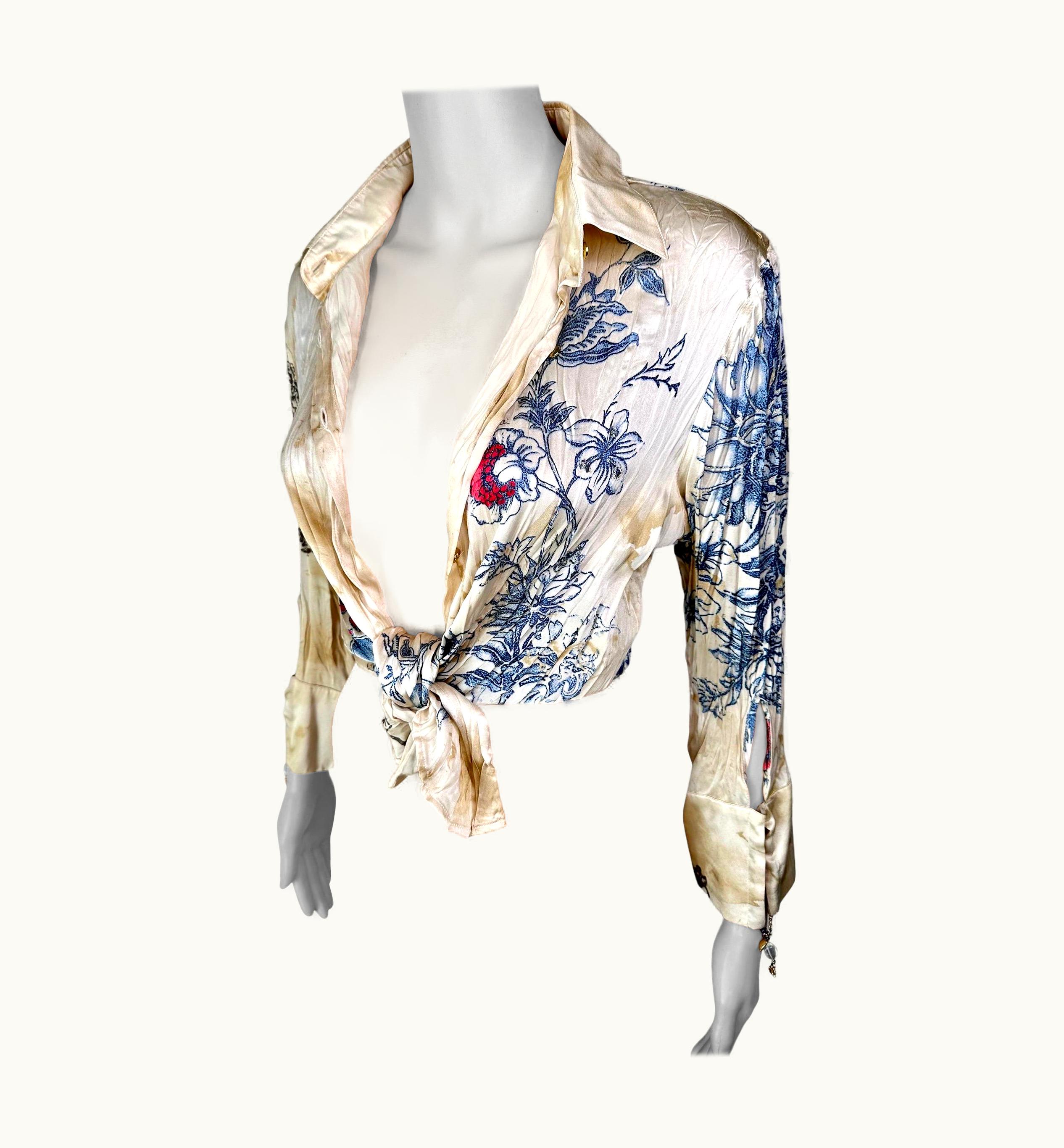 Roberto Cavalli Roberto Cavalli S/S 2003 Tattoo Print Plunging Silk Shirt Blouse Top