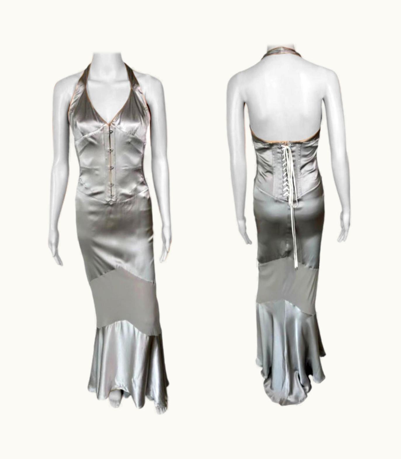 Roberto Cavalli Roberto Cavalli S/S 2003 Corset Plunged Décolleté Silver Evening Dress Gown