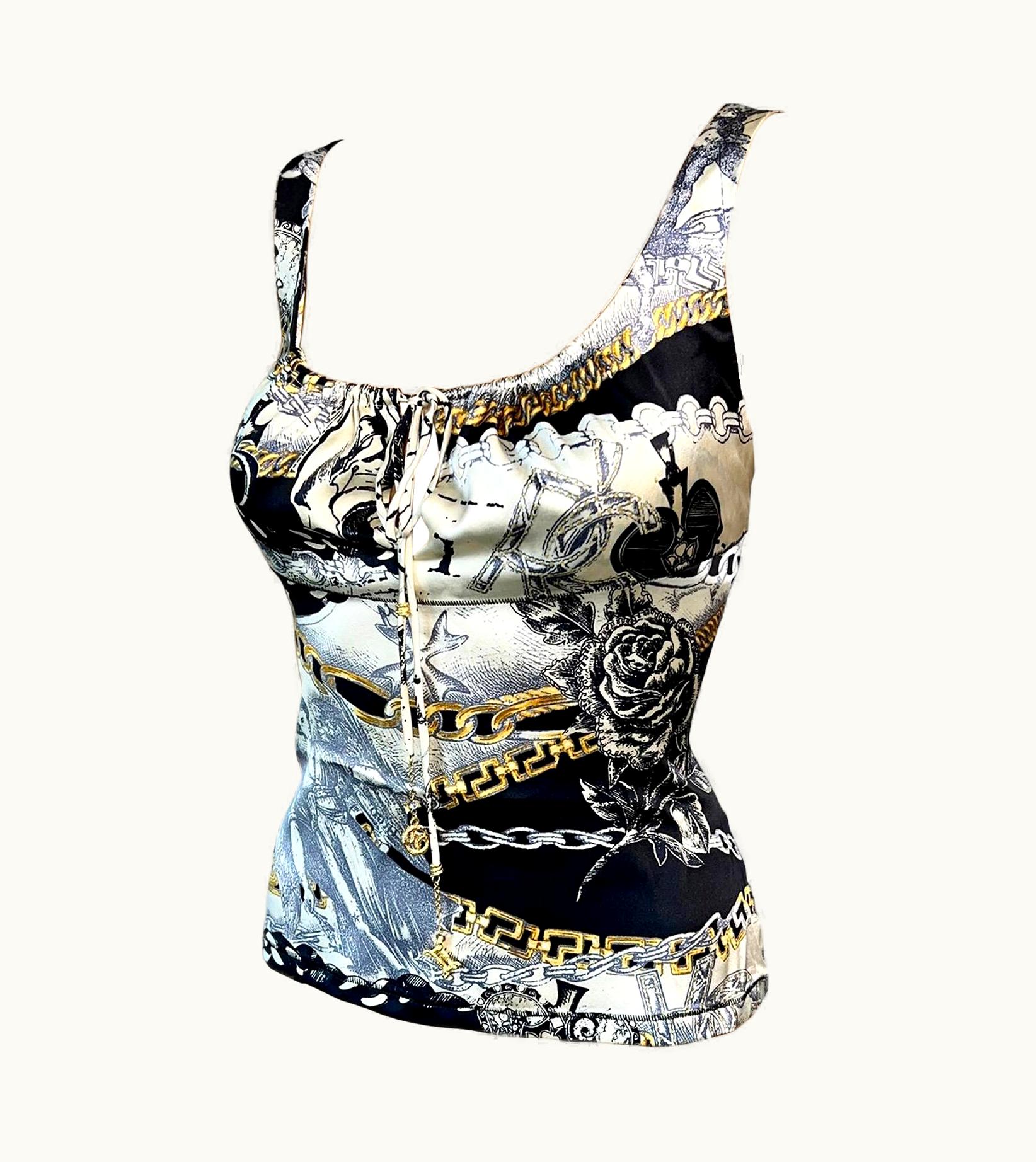 Roberto Cavalli Roberto Cavalli AW 2003 Silk Chain Logo Print Bustier Top