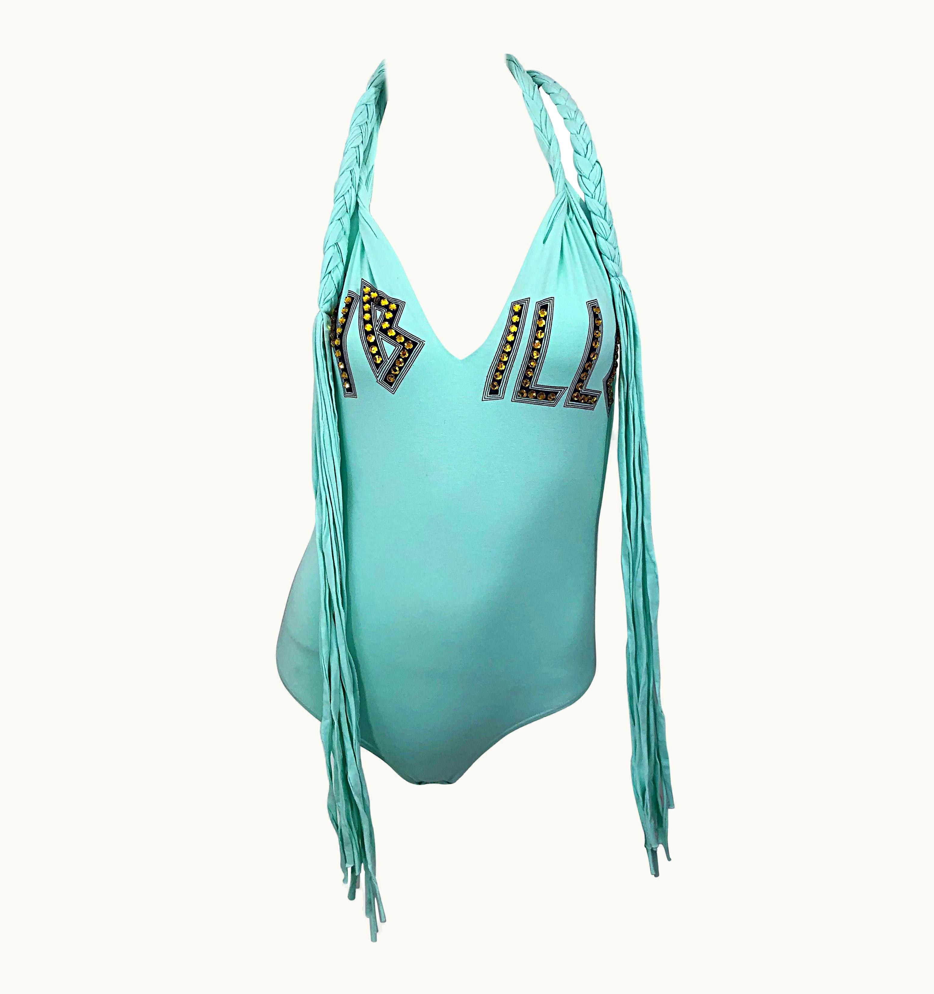 Dolce & Gabbana Rare Spring 2003 Dolce & Gabbana Teal Blue Sequined One Piece Fringe Bodysuit