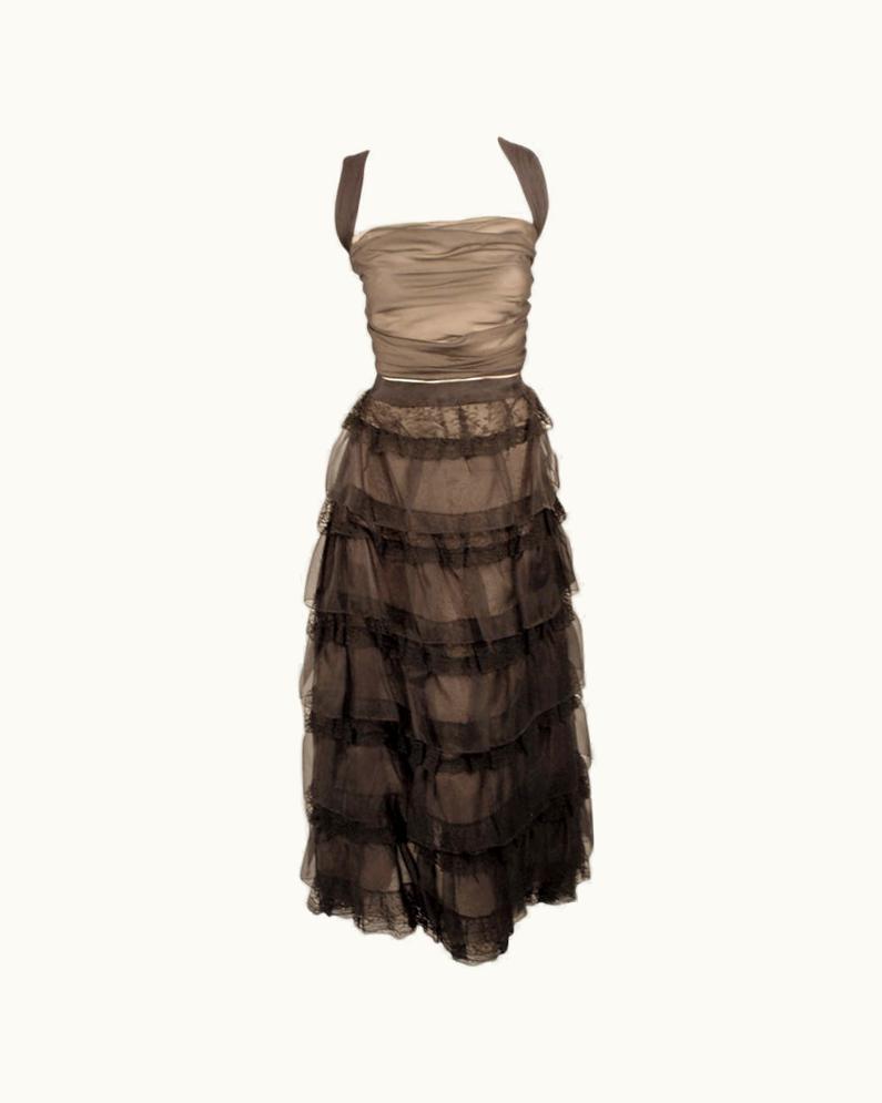 Oscar De La Renta Oscar De La Renta Black Organza, Lace Ruffle Skirt & Wrap Top 2003