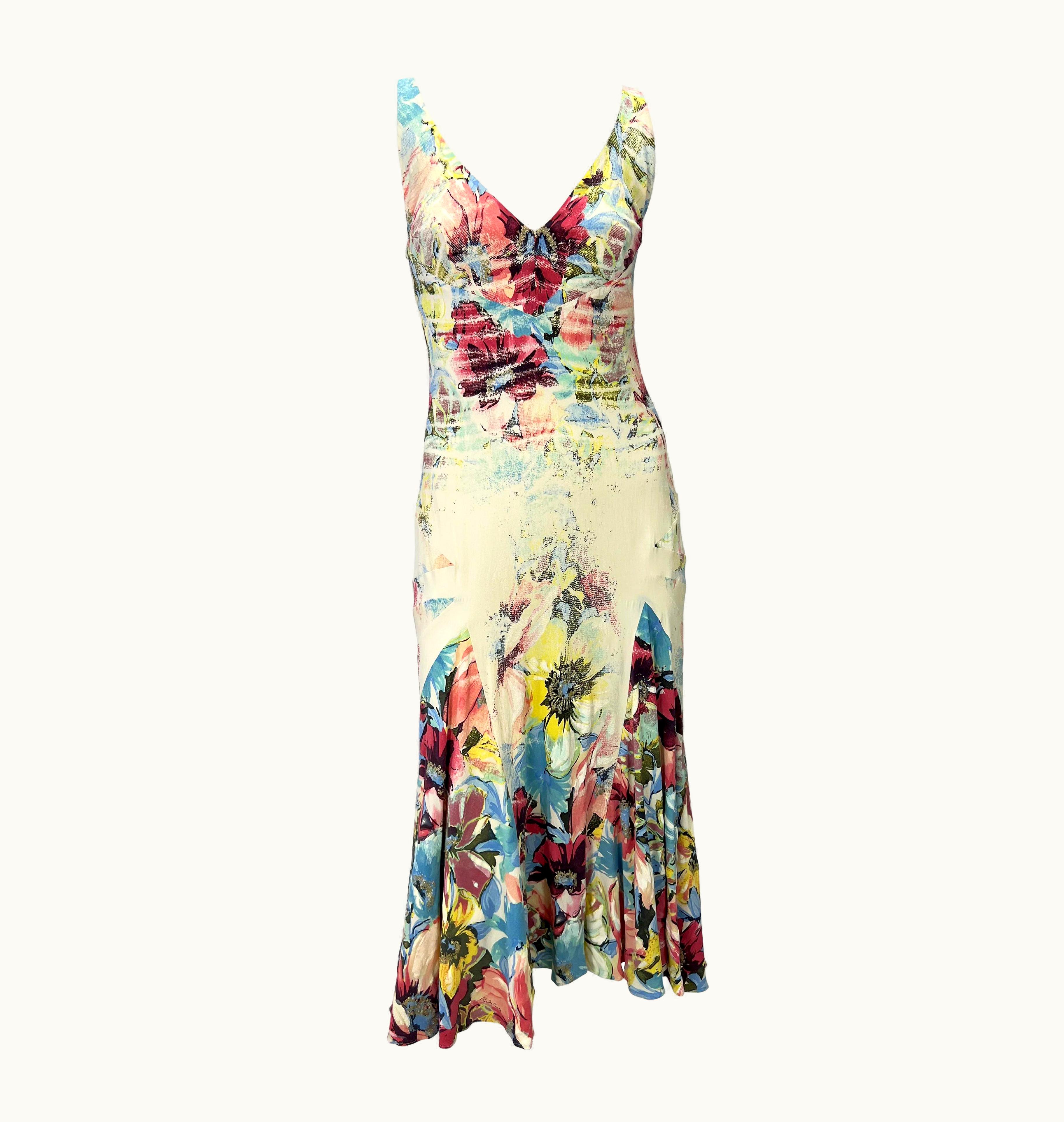 Roberto Cavalli S/S 2003 Roberto Cavalli Floral Abstract Watercolor Silk Stretch Flare Dress
