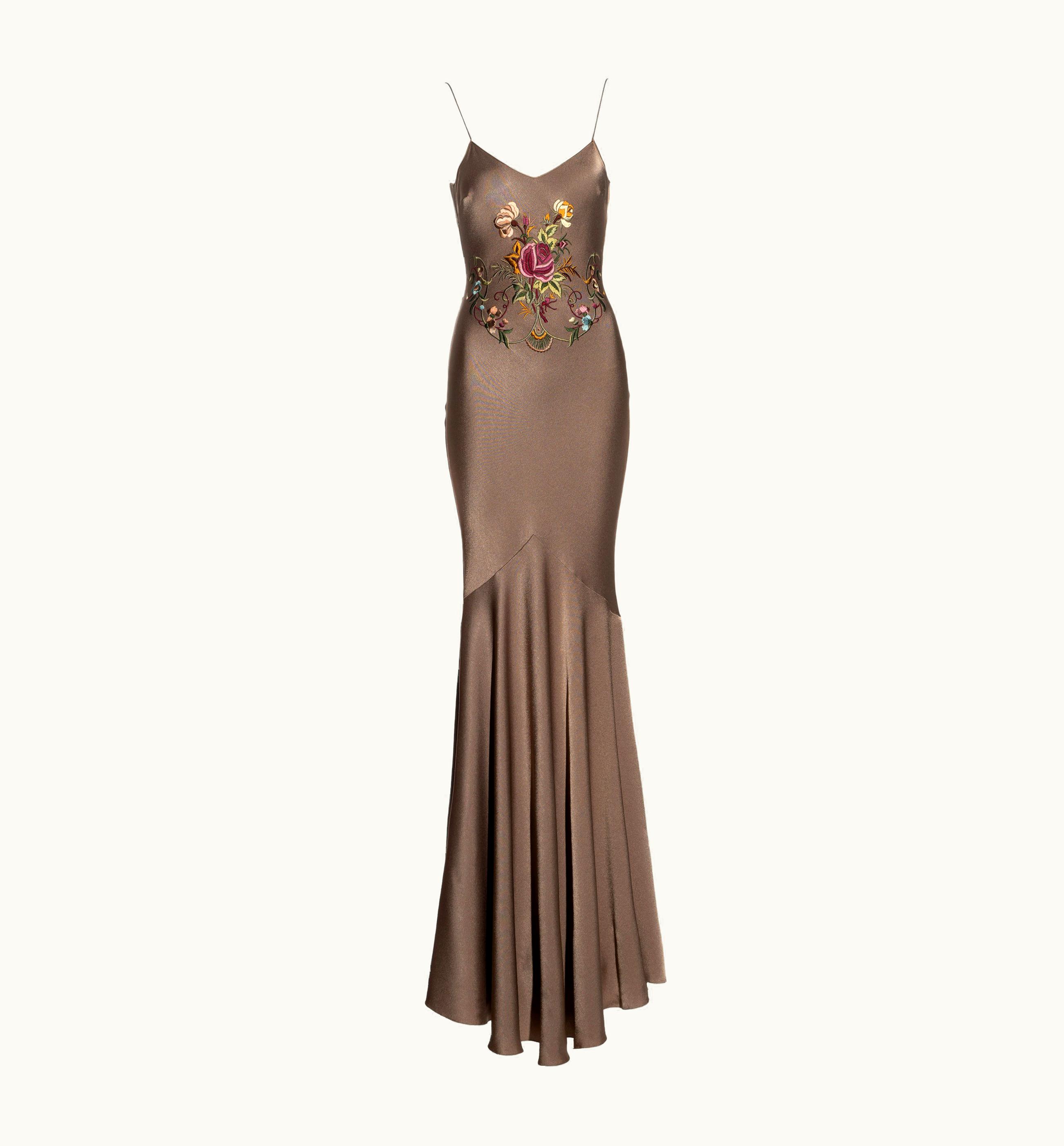 John Galliano John Galliano Taupe Satin Crepe Evening Dress With Floral Embroidery, S/S 2003