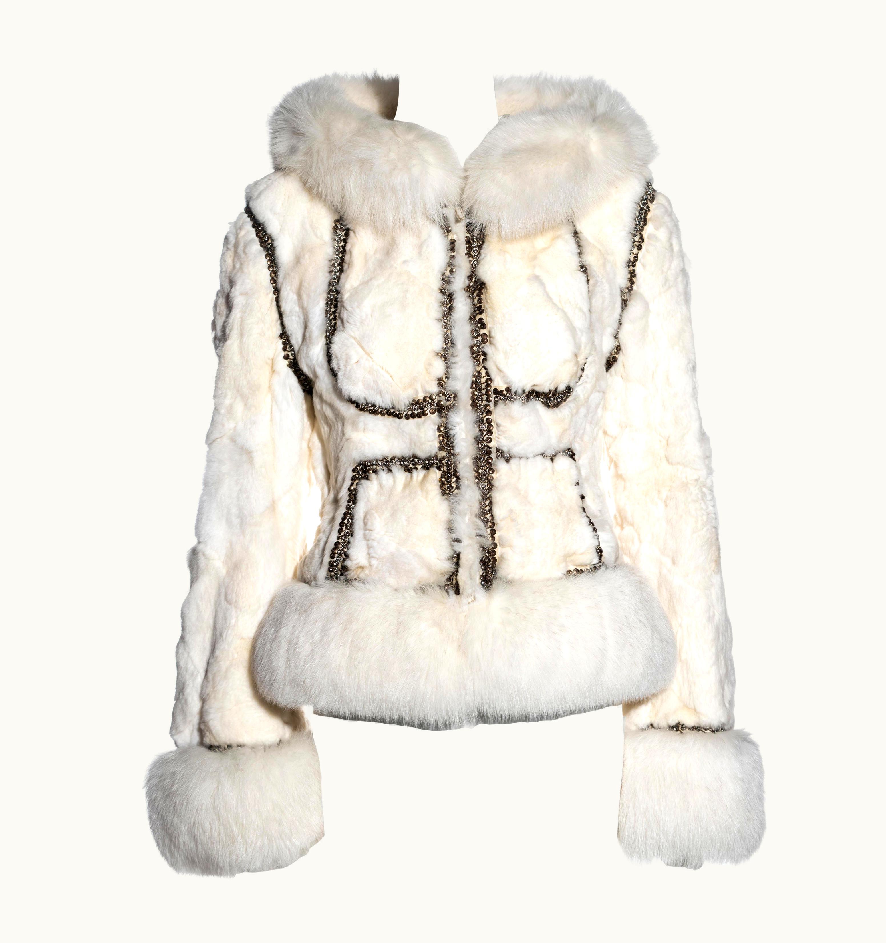 Alexander McQueen Alexander McQueen White Patchwork Rabbit And Fox Fur Embroidered Jacket, AW 2003