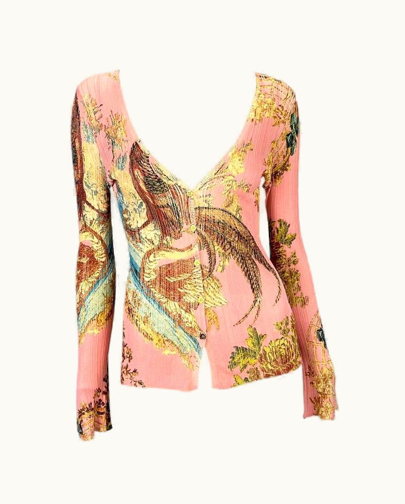 Roberto Cavalli S/S 2003 Roberto Cavalli Pink Chinoiserie Printed Stretch Cardigan Sheer Top