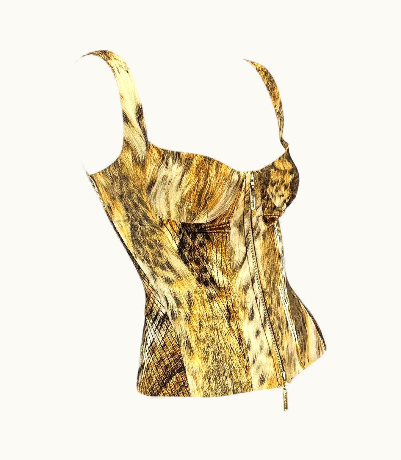 Roberto Cavalli 2003 Roberto Cavalli Animal Print Embroidered Silk Lace Up Bustier Corset Top