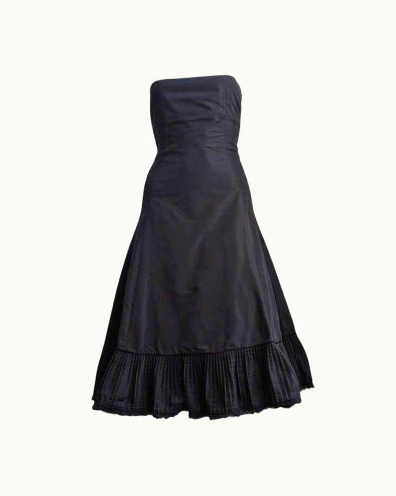 Alexander McQueen 2003 Alexander Mcqueen Black Taffeta Dress With Pleated Hemline Trimmed In Fur