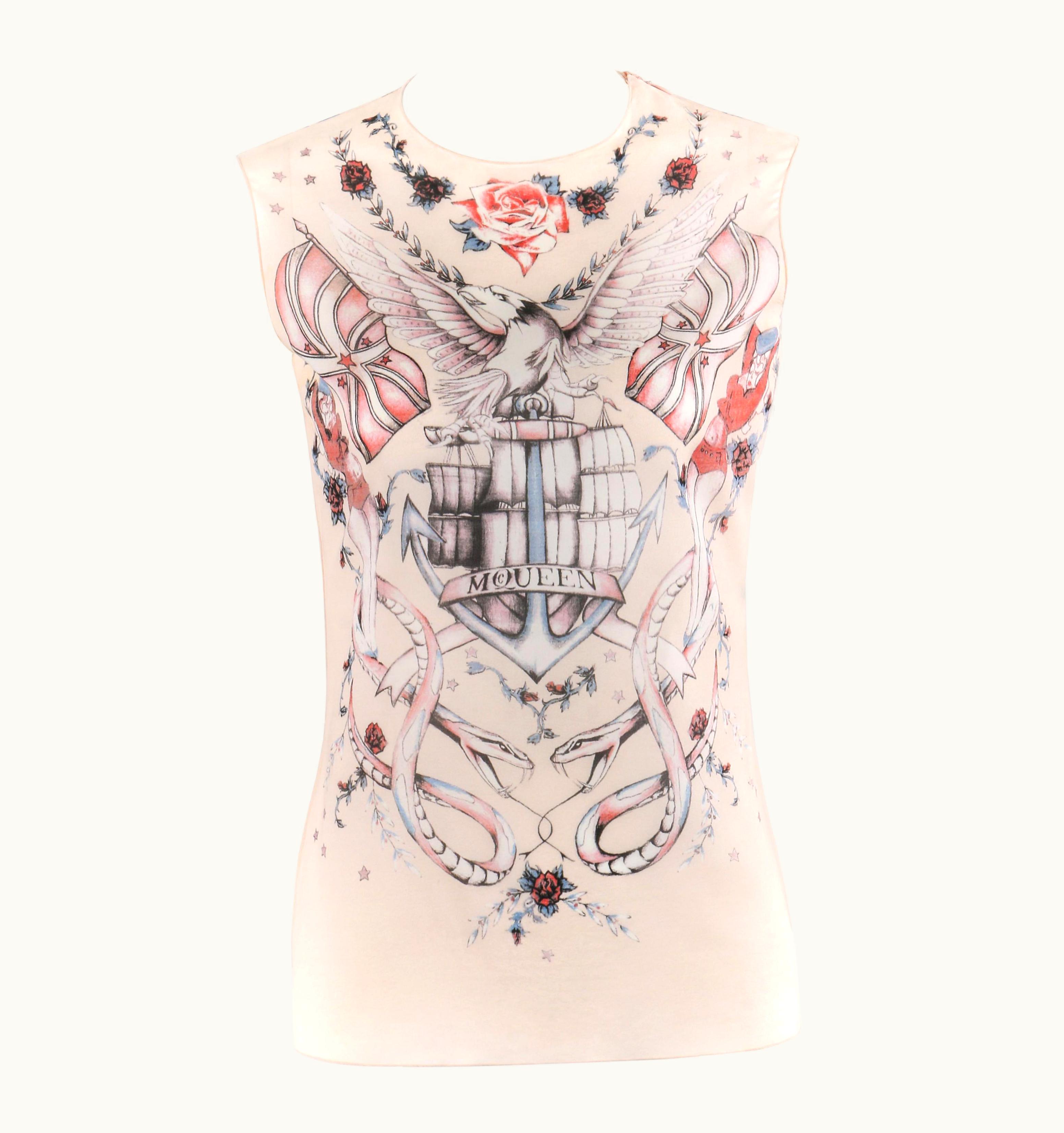 Alexander McQueen Alexander McQueen S/S 2003 Silk Nude Eagle Tattoo Print Tank Top