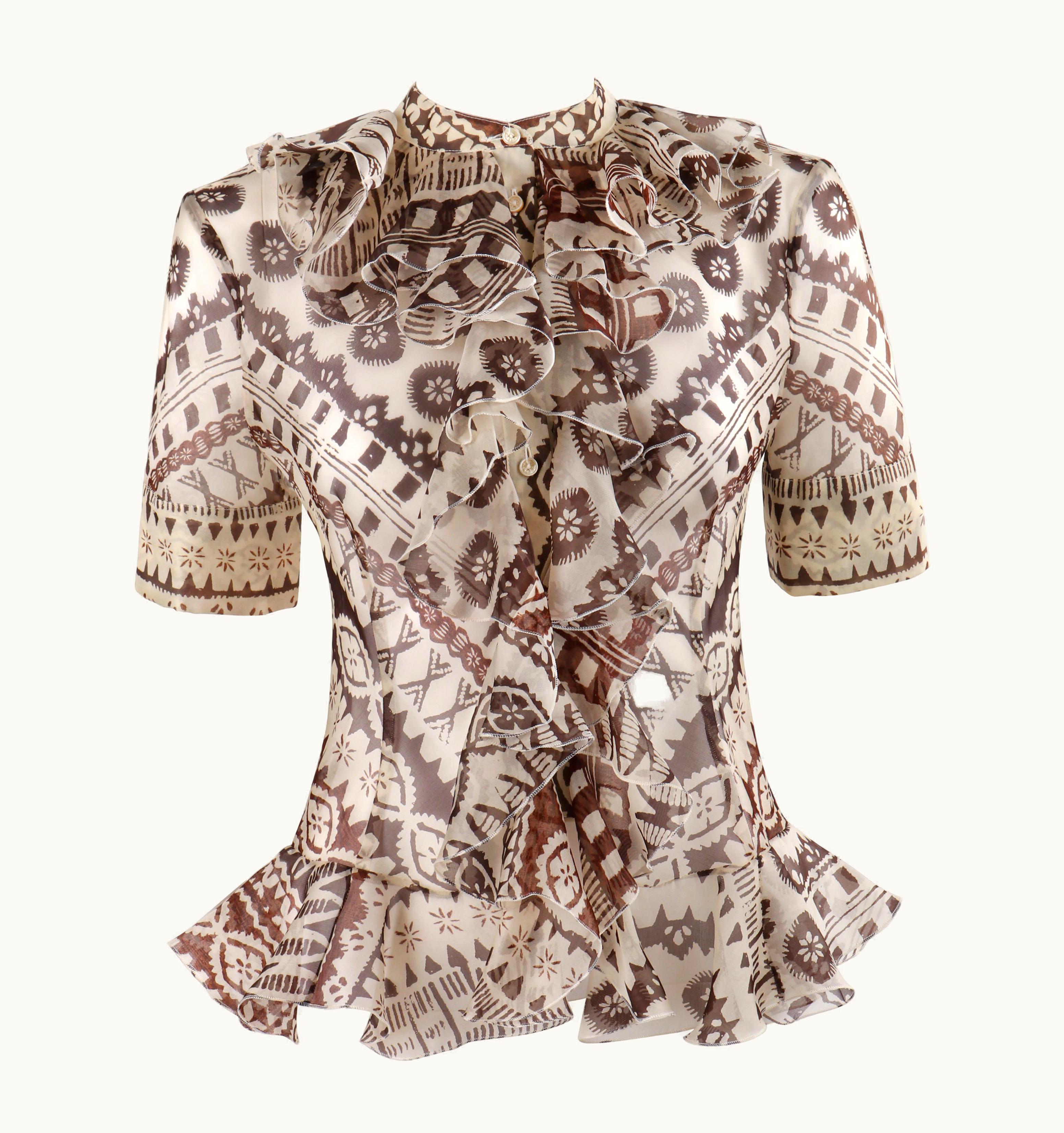 Alexander McQueen Alexander McQUEEN S/S 2003 Tan Brown Ruffle Front Button Down Blouse