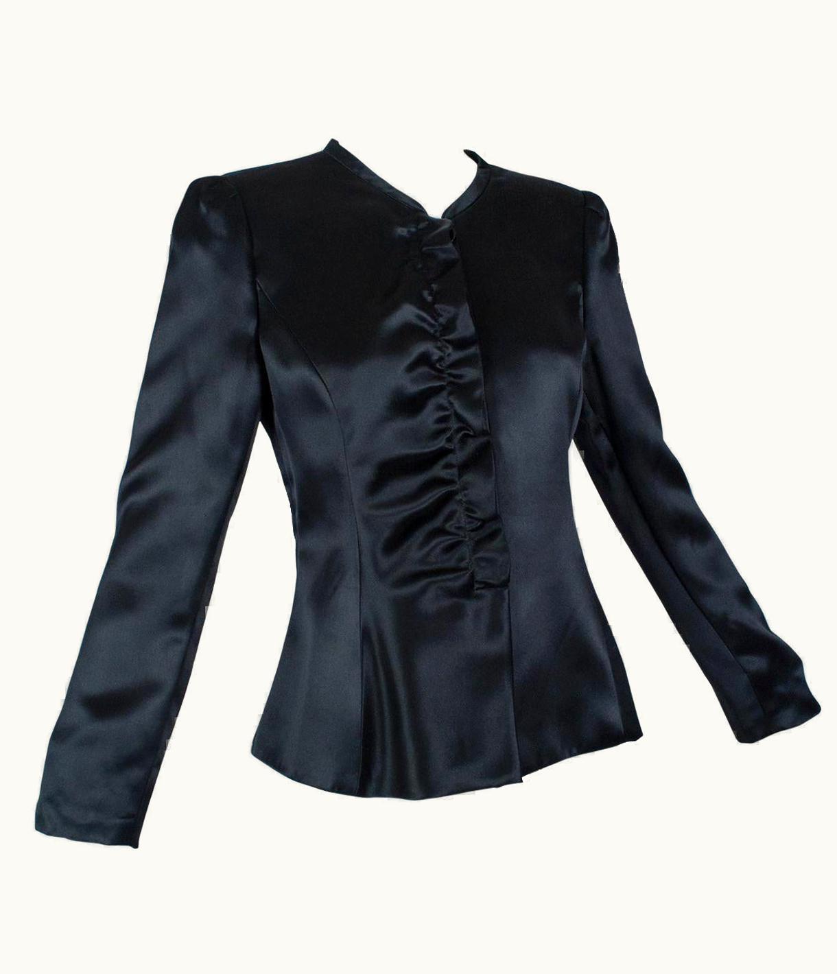 Giorgio Armani Giorgio Armani Black Lacquered Satin Ruffle Placket Evening Jacket - It 2003