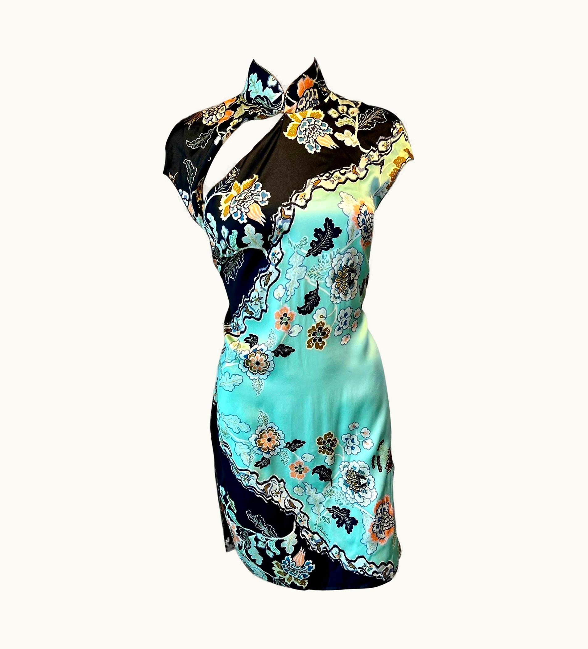 Roberto Cavalli Roberto Cavalli S/S 2003 Runway Chinoiserie Cheongsam Silk Mint Green Mini Dress